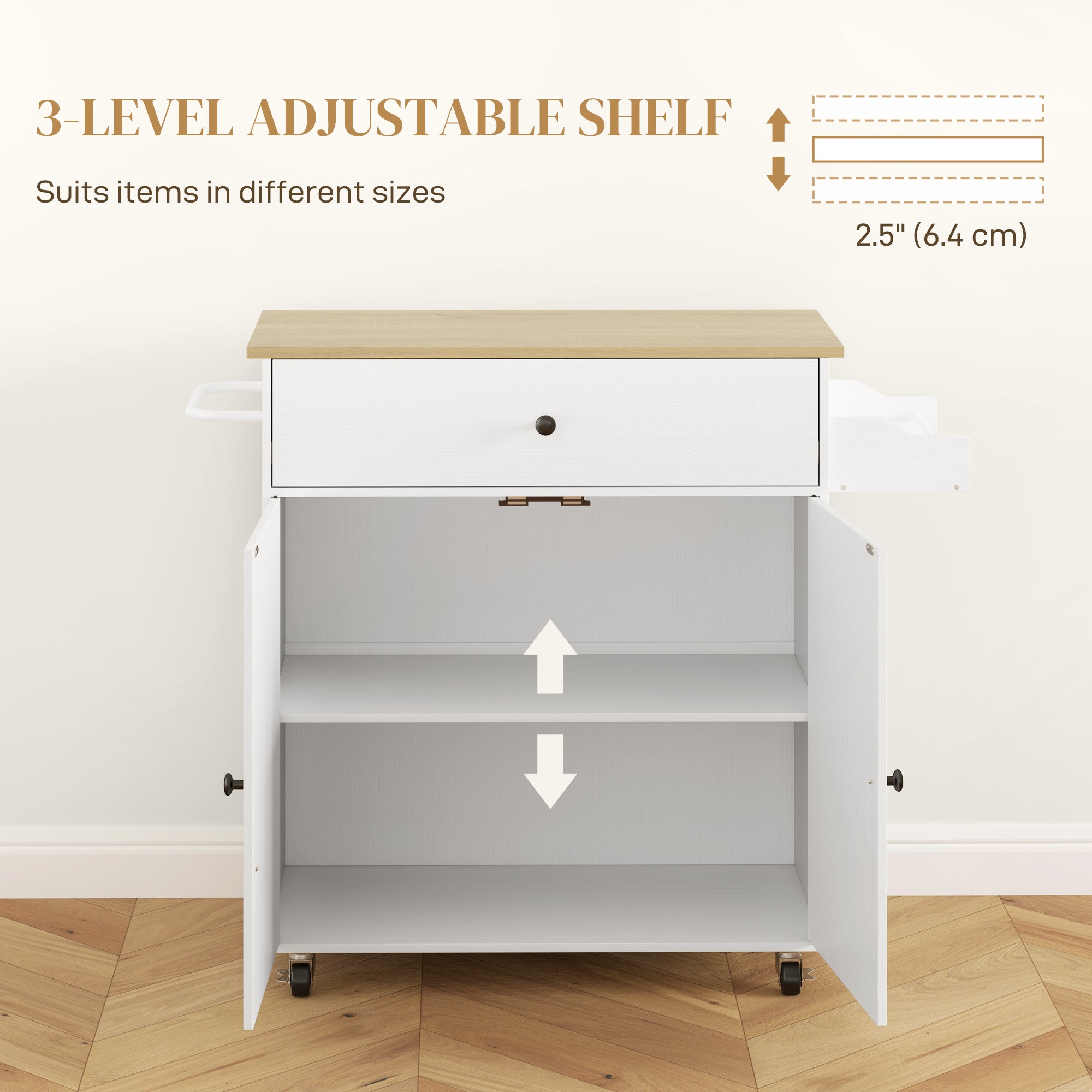 Kozy - Rolling Kitchen Island with Drop Leaf, Kitchen Storage Cart with Drawer, Spice Rack and Towel Rack, White