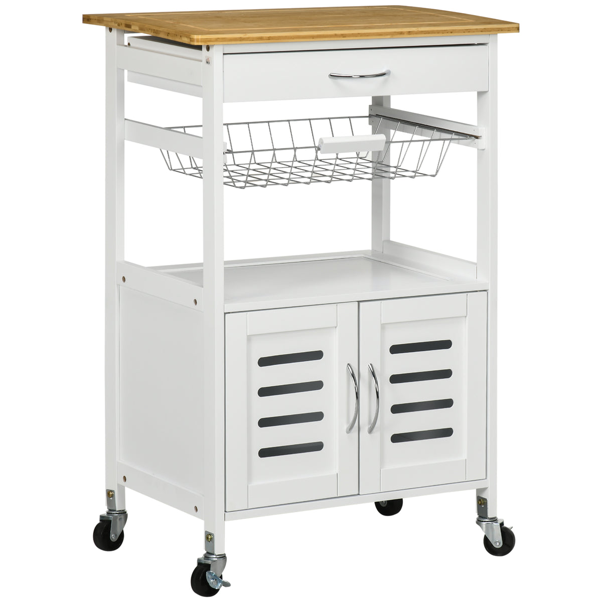 Kozy Rolling Kitchen Island Trolley Utility Cart on Wheels with Bamboo Table Top, Storage Cabinet, Drawer and Wire Basket