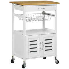 Kozy Rolling Kitchen Island Trolley Utility Cart on Wheels with Bamboo Table Top, Storage Cabinet, Drawer and Wire Basket
