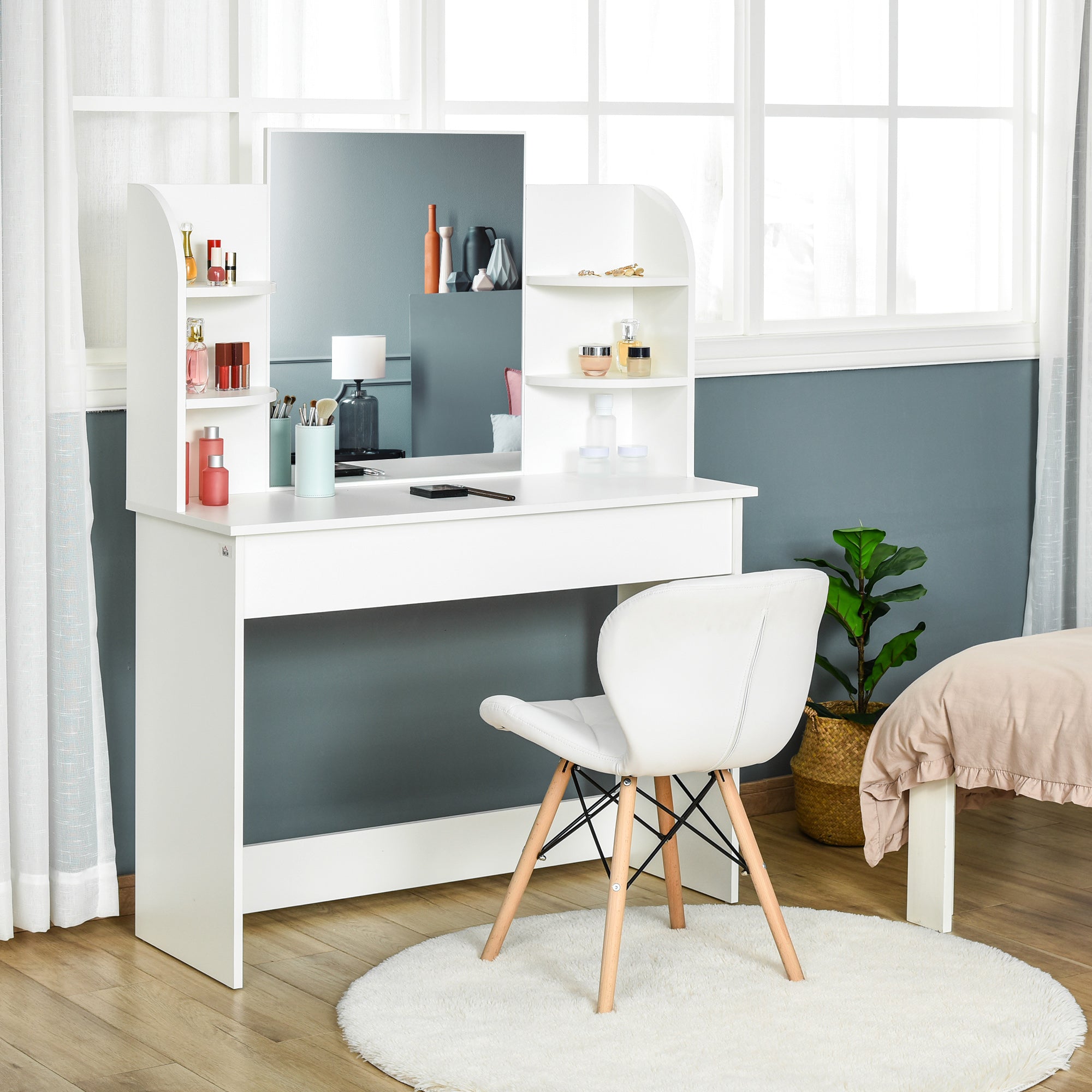 Kozy Modern Dressing Table Writing Desk W/ Mirror, Big Drawers, 2-Tier Open Shelf For Home Bedroom White