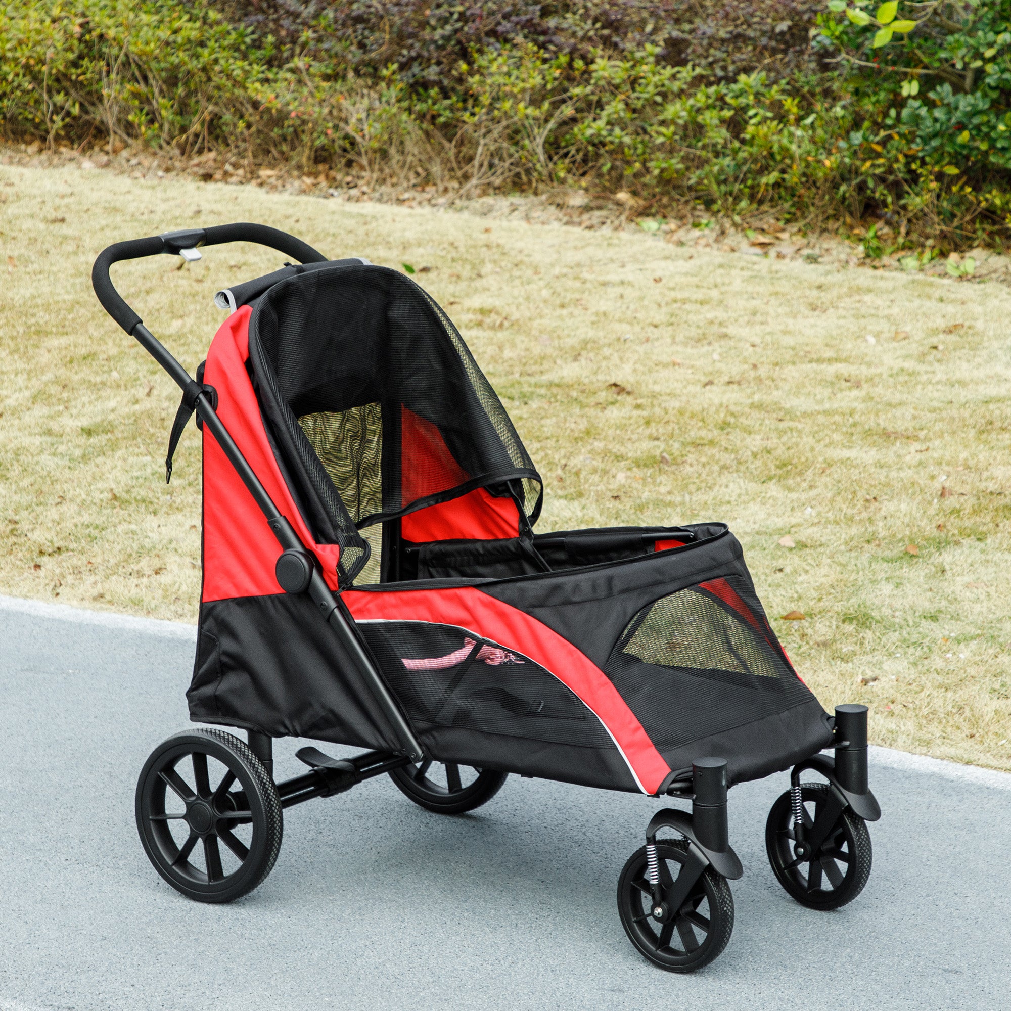 Kozy - Foldable Pet Stroller for Large Dogs with Four Big Wheels, Shock-Absorbing Frame, Safety Leashes, Brakes, Red/Black