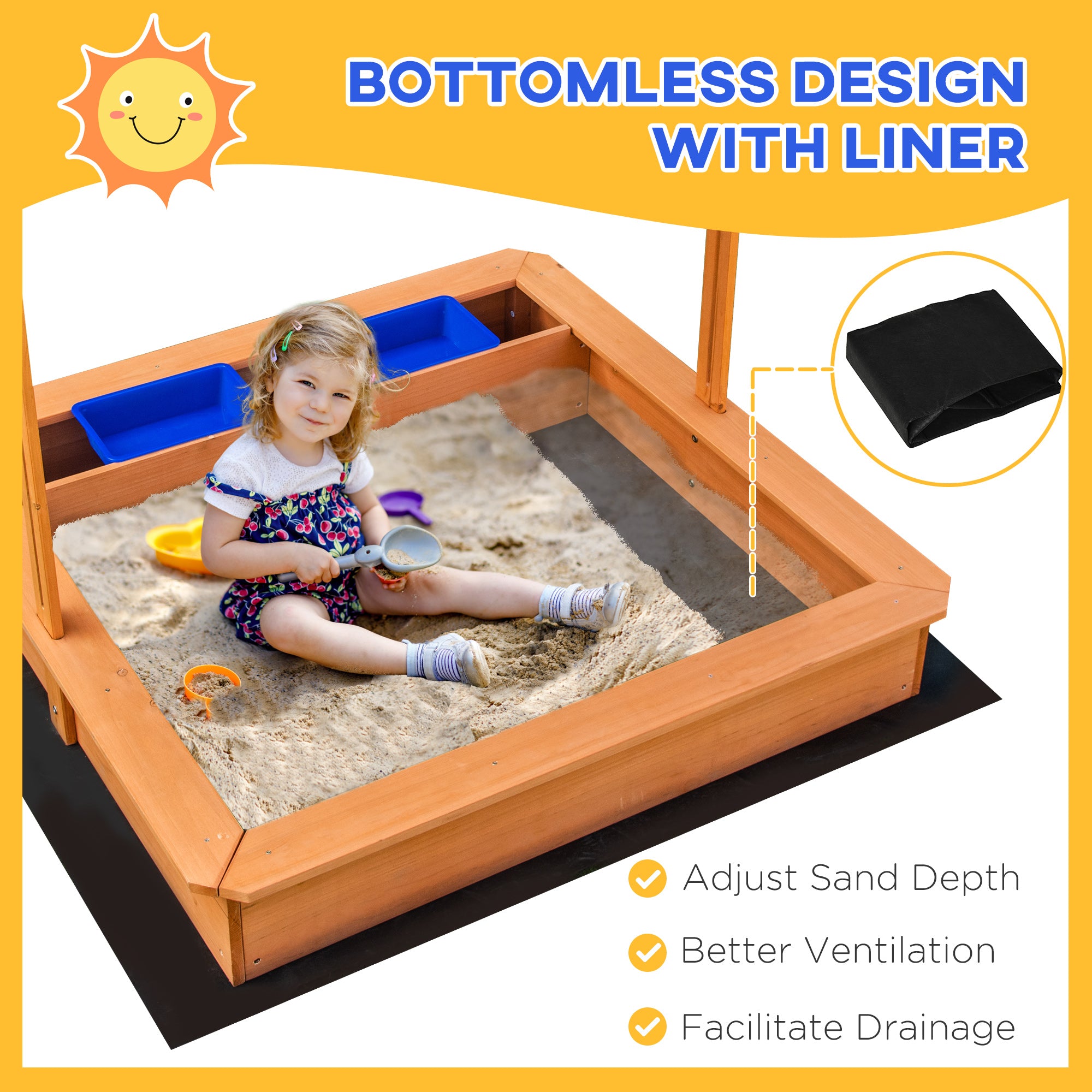 Kozy Sand Pit Kids Wooden Sandbox with Cover Children Sandpit Play Station Height Adjustable with Canopy, Bottom Liner, Plastic Basins for Outdoor Aged 3-7 Years