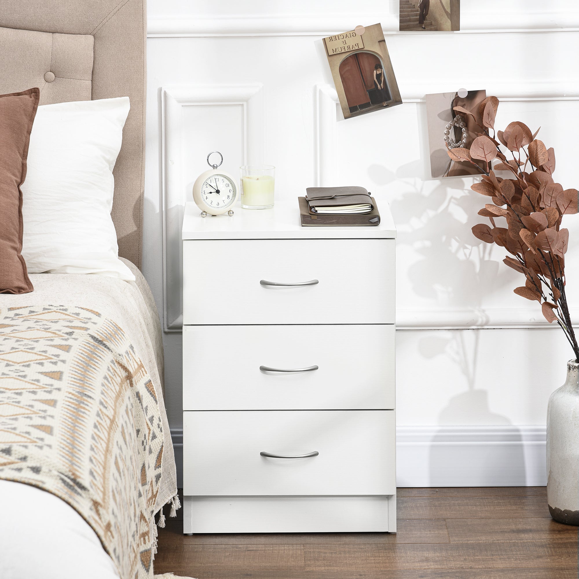Kozy Three-Drawer Simple Bedside Table - White