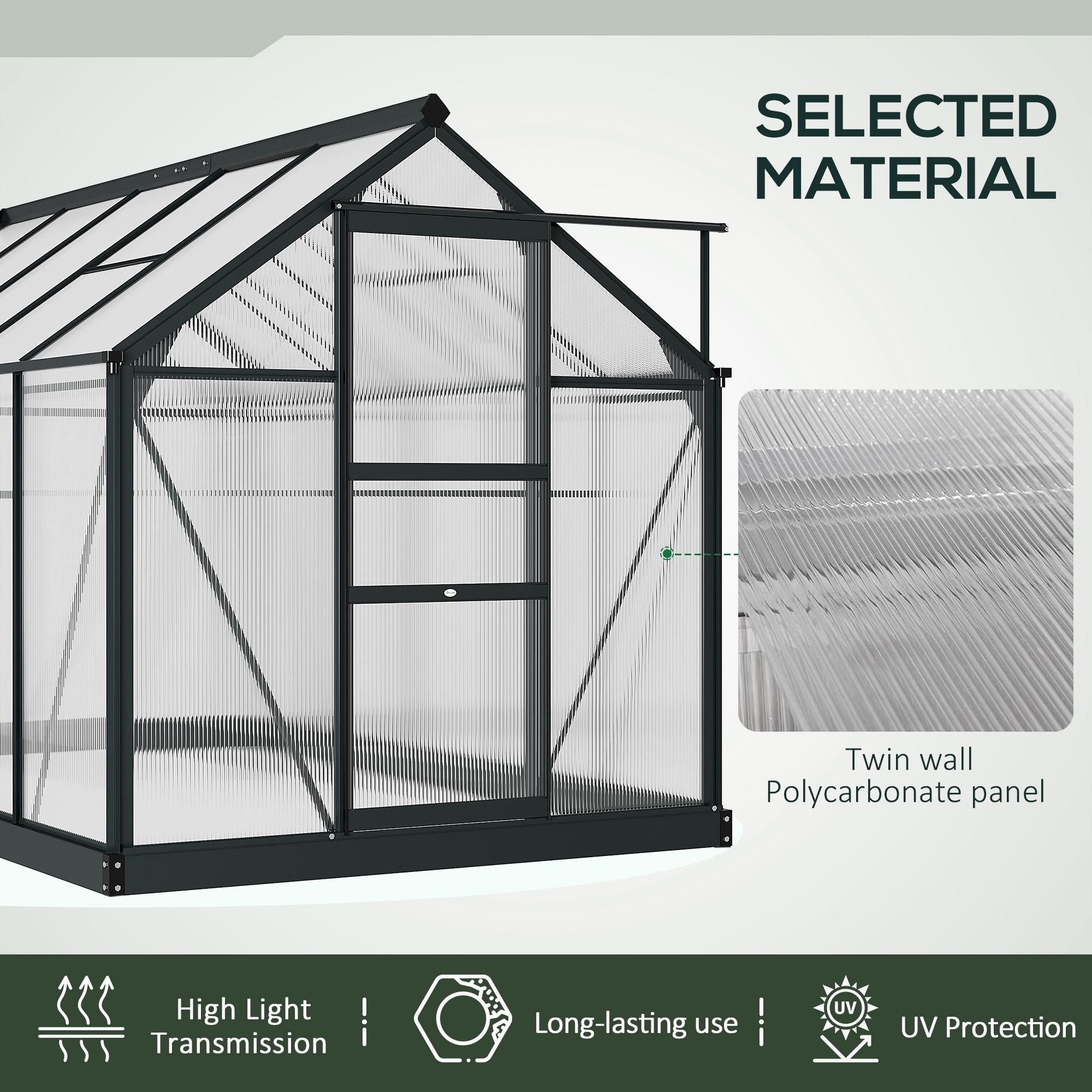 Kozy 6 x 10ft Polycarbonate Greenhouse, Large Walk-In Green House with Slide Door and Window, Garden Plants Grow House with Aluminium Frame and Foundation, Grey