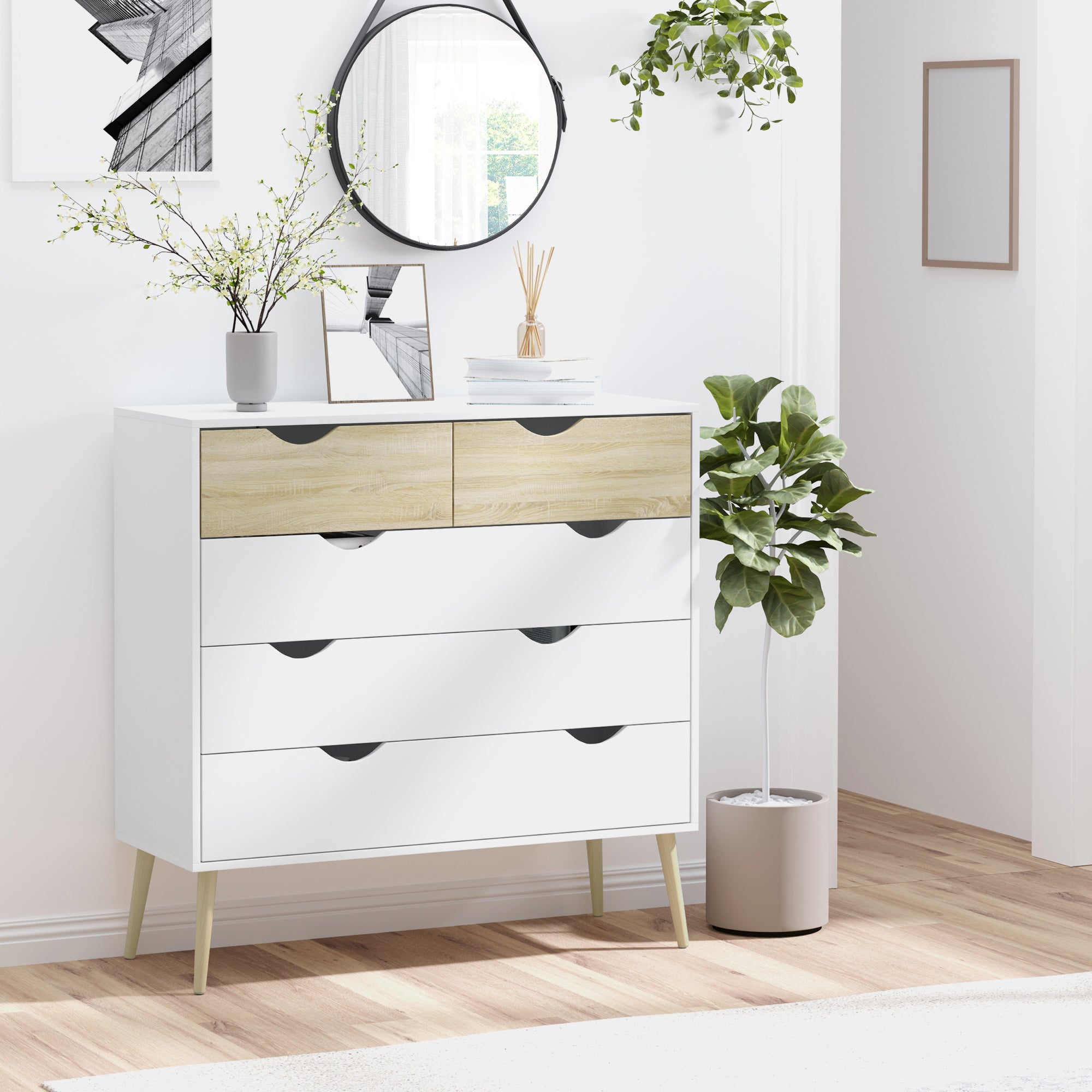 Kozy Nordic Style Chest of Drawers, 5 Drawer Dresser with 4 Tapered Legs and Groove Handles, Storage Organiser Side Cabinet for Bedroom, Living Room