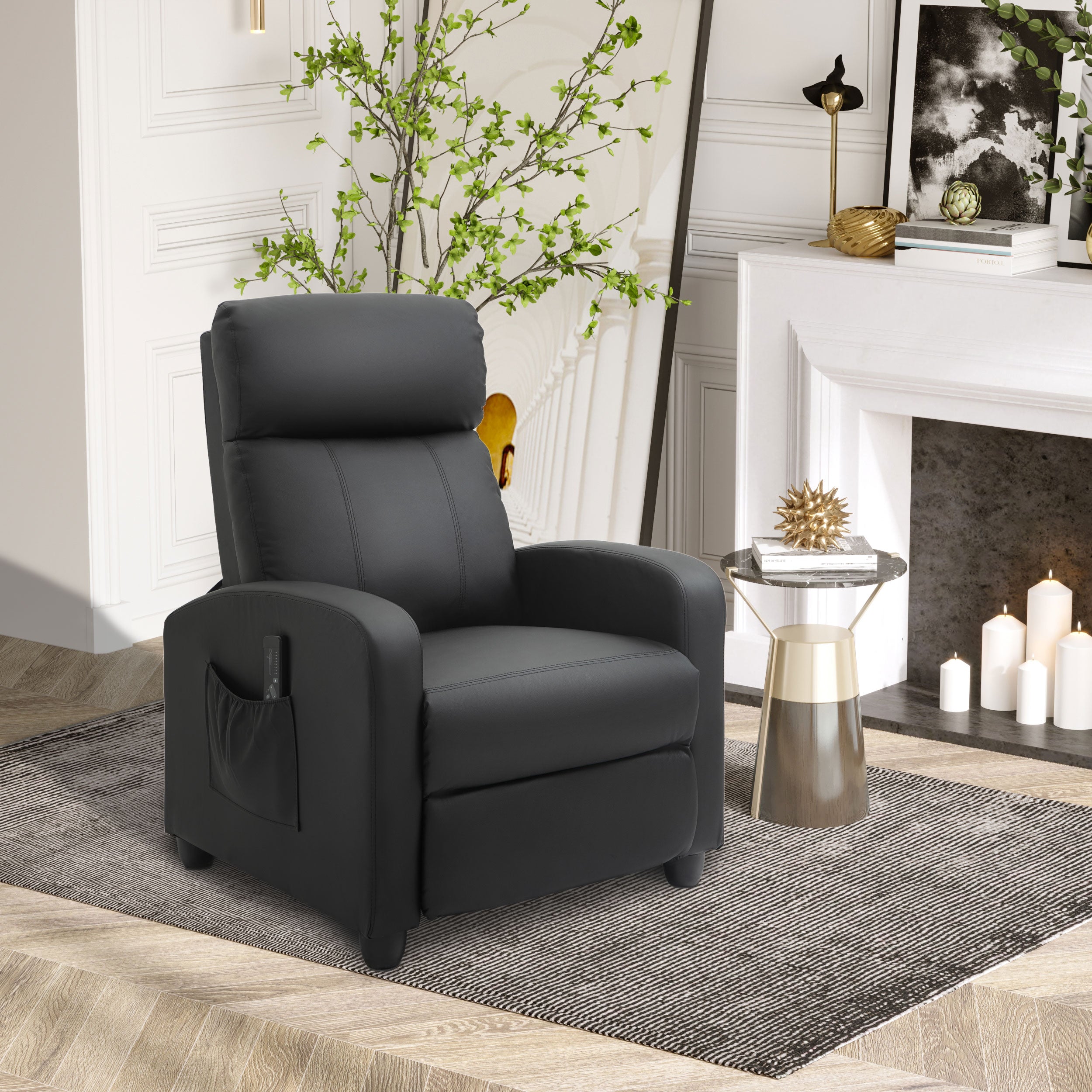 Kozy Massage Recliner Armchair with 150° Recline, Faux Leather, Side Pocket, Black