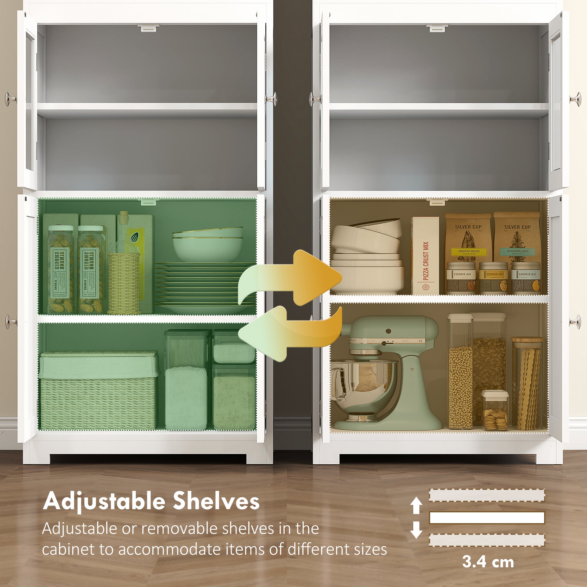 Kozy Freestanding Kitchen Cupboard, 4-Door Storage Cabinet with Adjustable Shelf and Glass Doors for Dining Room, Living Room, White