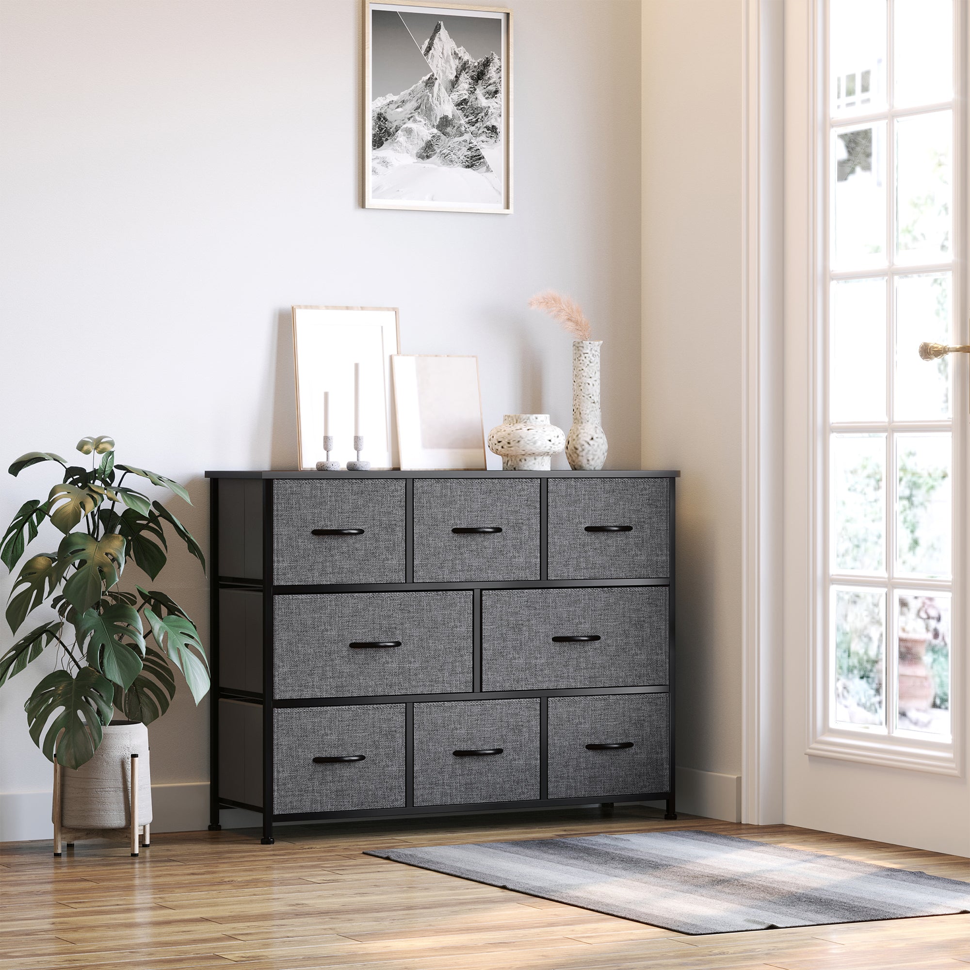 Kozy Chest of Drawers with 8 Foldable Drawers, 3-Tier Fabric Bedroom Dresser, Clothes Storage Unit for Bedroom Living Room, Dark Grey
