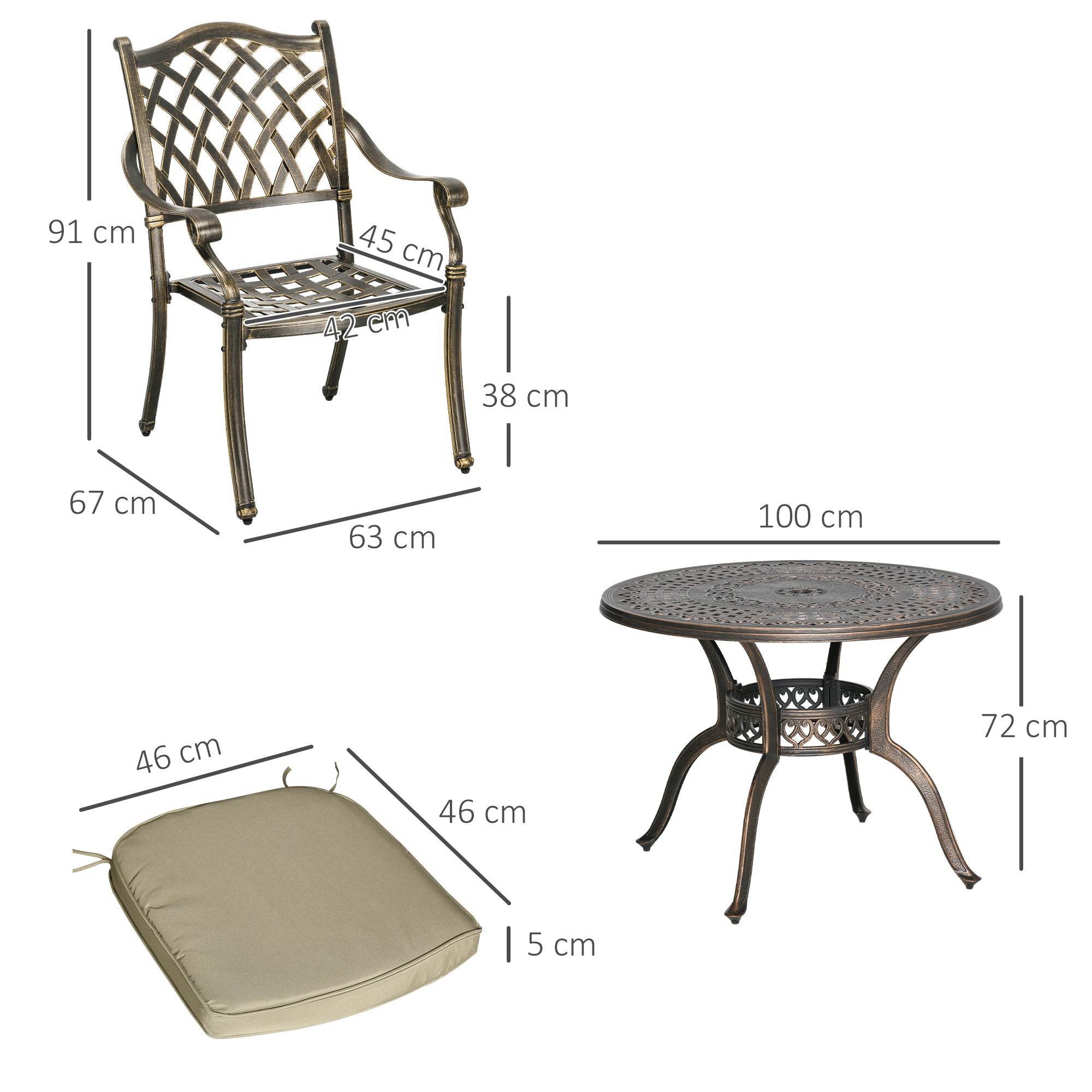 Kozy 4 Seater Outdoor Dining Set Antique Cast Aluminium Garden Furniture Set with Cushions Round Dining Table with Parasol Hole, Bronze
