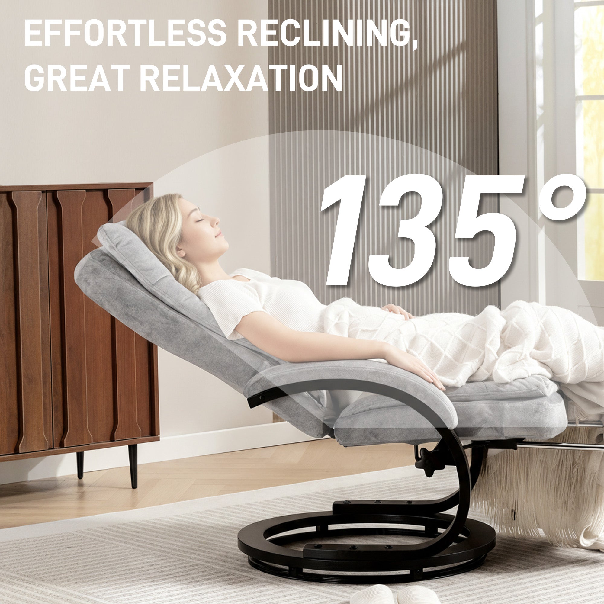 Kozy Swivel Recliner Chair with Footrest, Manual Recliner Armchair with Wooden Base, Plush Velvet Upholstered Reclining Chair for Living Room, Bedroom, Office, Grey