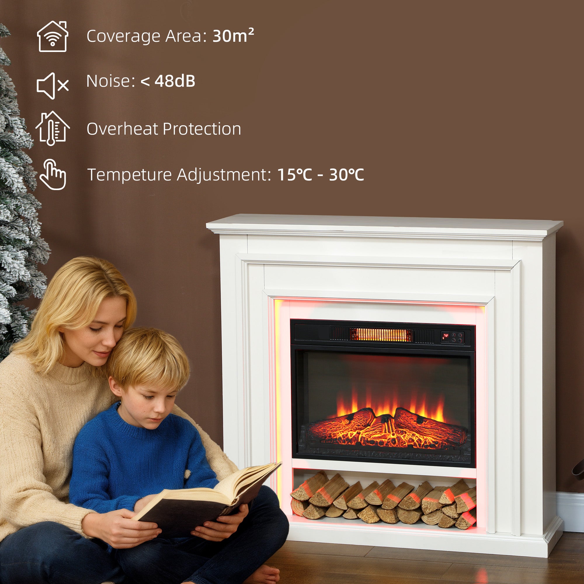 Kozy Electric Fireplace with Surround, LED Lights, 38" 1800W Inset Electric Fire and Mantel Reach up to 30 m² with Realistic Flame Effect & 3 Brightness, Remote & Timer for Living Room, White