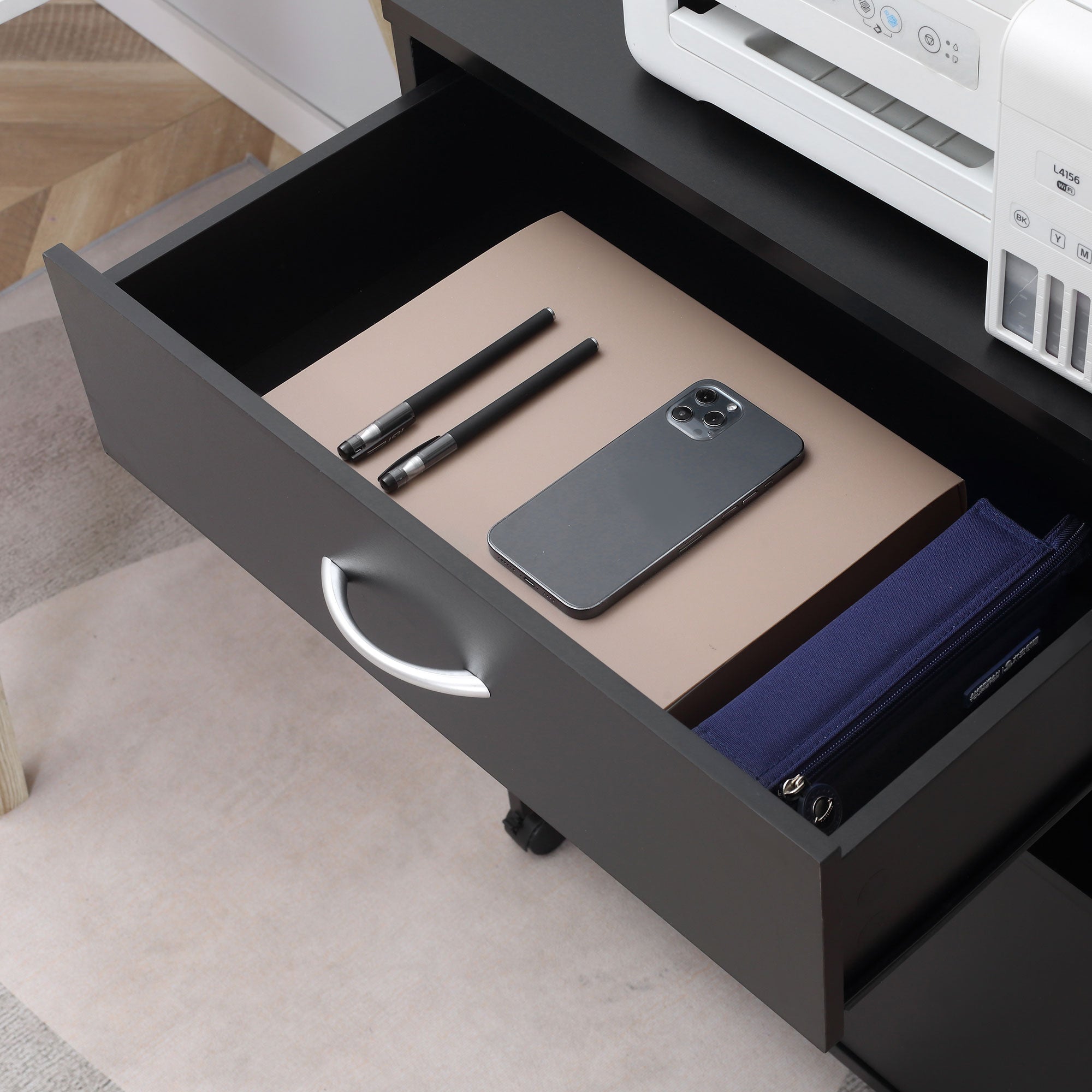 Kozy Printer Stand Mobile Printer Cabinet with Storage, Open Shelf, Drawer for Home Office, 60cm x 39cm x 80cm, Black