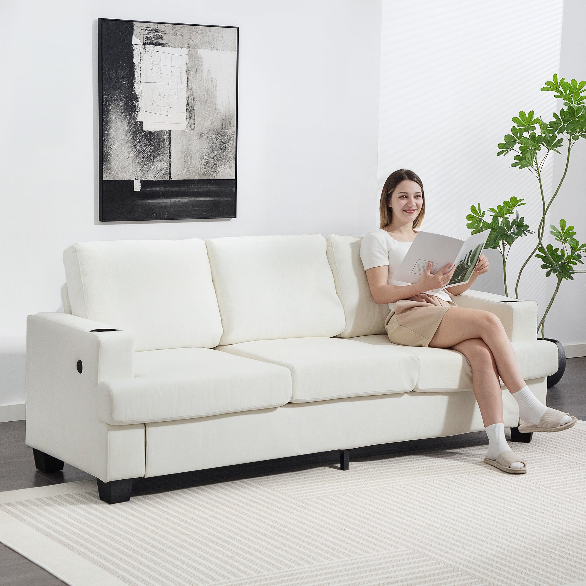 Kozy - 3 Seater Sofa with USB Ports & Cup Holders - Cream White