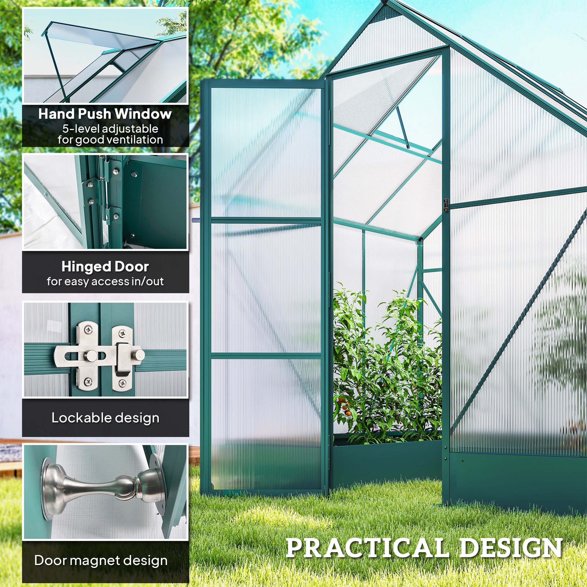Kozy 6x6 FT Polycarbonate Greenhouse with Base and Raised Bed, Walk-in Greenhouse with Aluminium Frame, Temperature Controlled Window, Foundation for Plants, Flowers, Vegetable