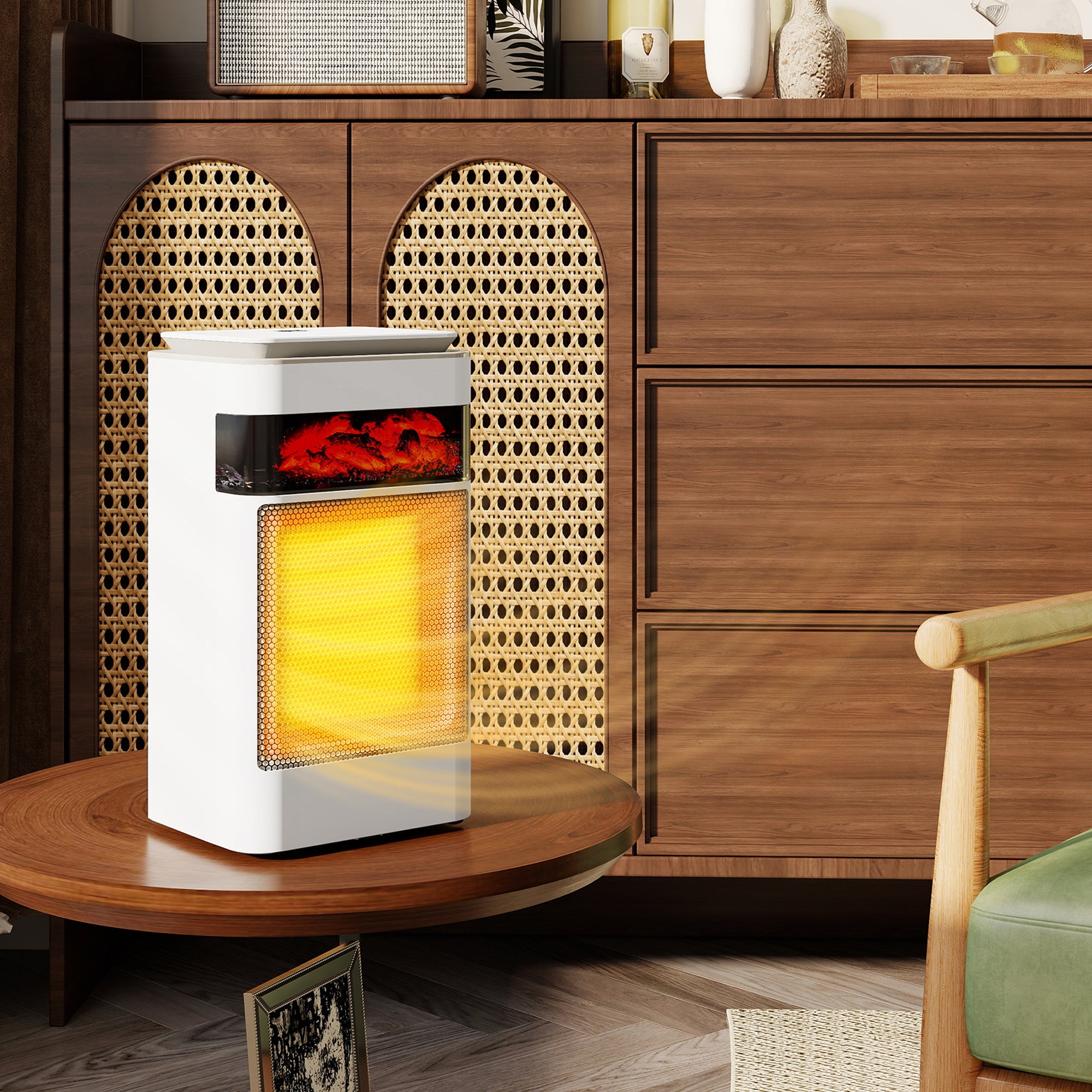 Kozy Ceramic Electric Heater, 1500W Fan Space Heater with 3 Modes, 24H Timer, Flame Effect, Oscillation for Bedroom, White