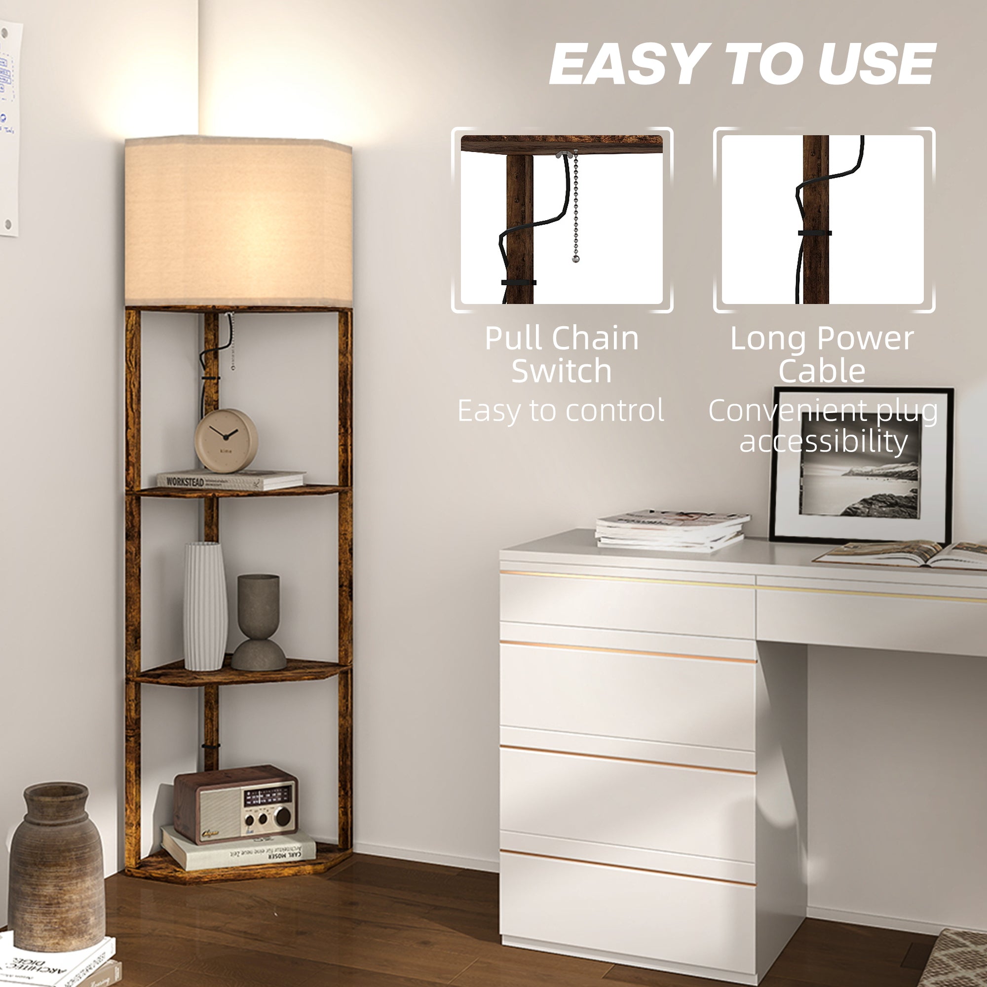 Kozy Corner Floor Light, with Shelves - Wood-Effect