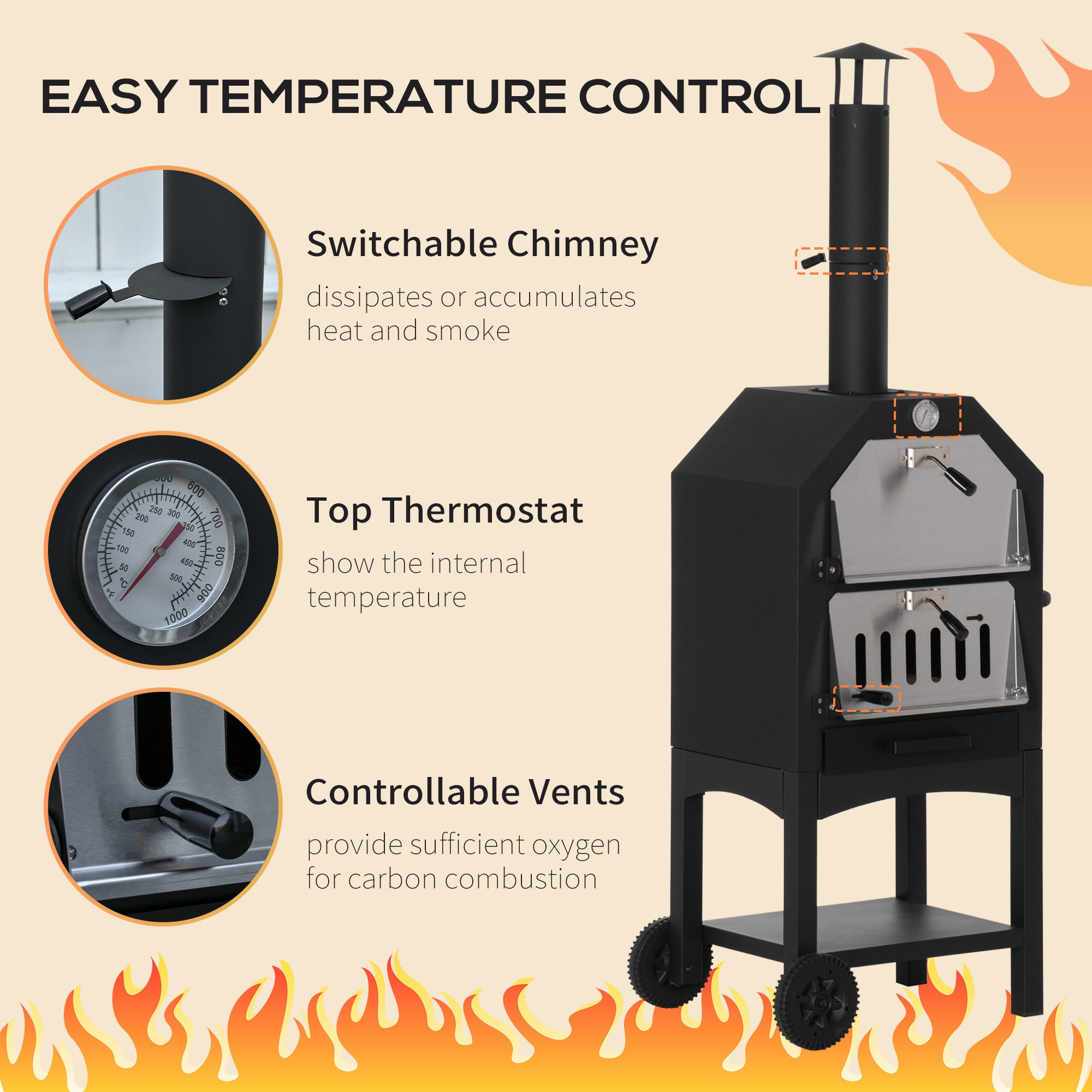 Kozy Outdoor Garden Pizza Oven Charcoal BBQ Grill 3-Tier Freestanding w/ Chimney, Mesh Shelf, Thermometer Handles, Wheels Garden Party Gathering Stainless Steel Cooker