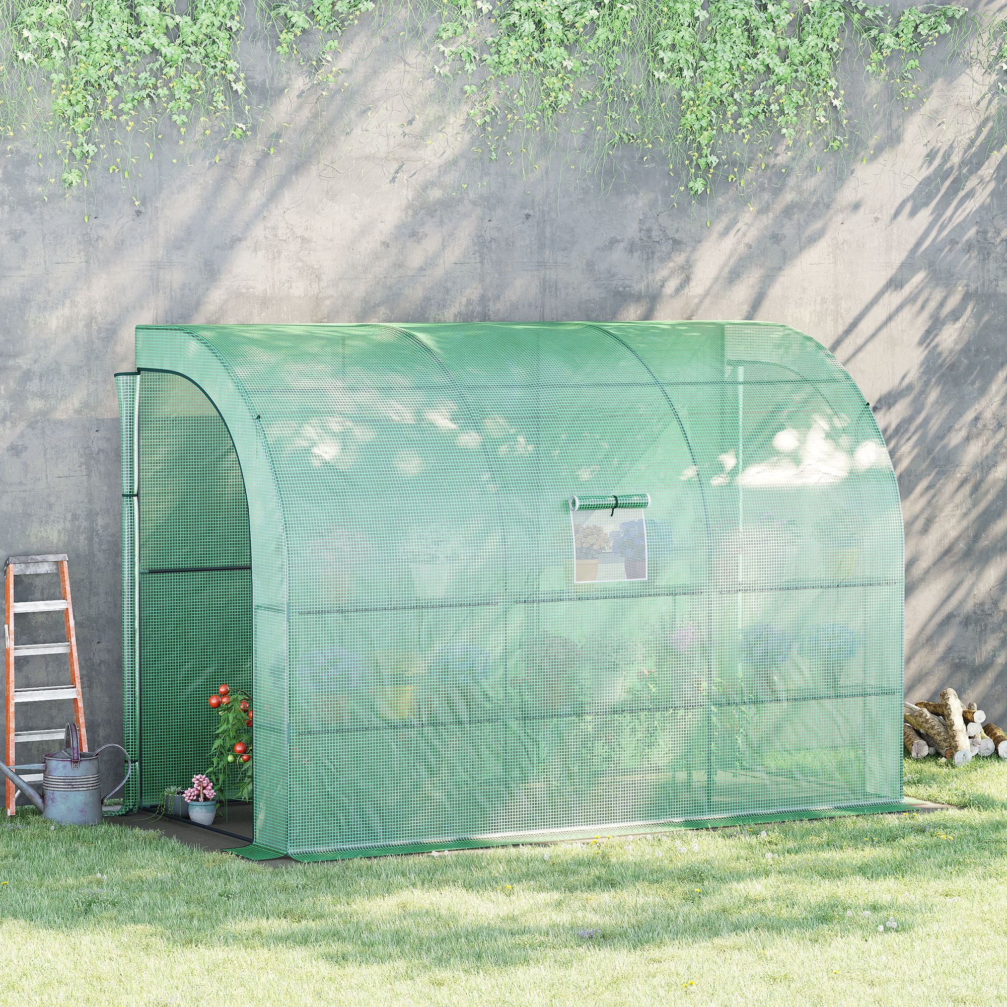 Kozy Walk-In Lean to Greenhouse with Windows and Zippered Doors, 2 Tiers 6 Wired Shelves 300L x 150W x 213Hcm Green