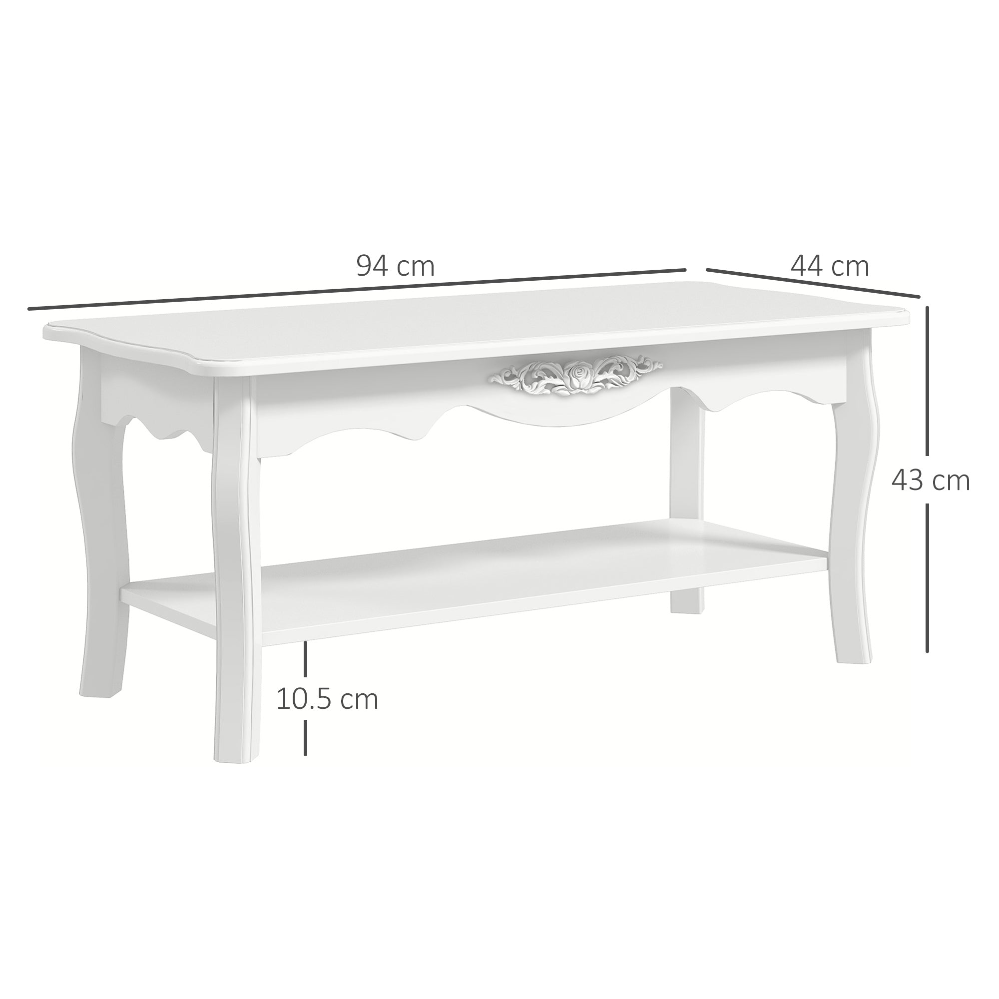 Kozy White Coffee Table Wood Cocktail Tea Centre Table with Storage Shelf for Living Room Reception Room, 94L x 44W x 42H cm