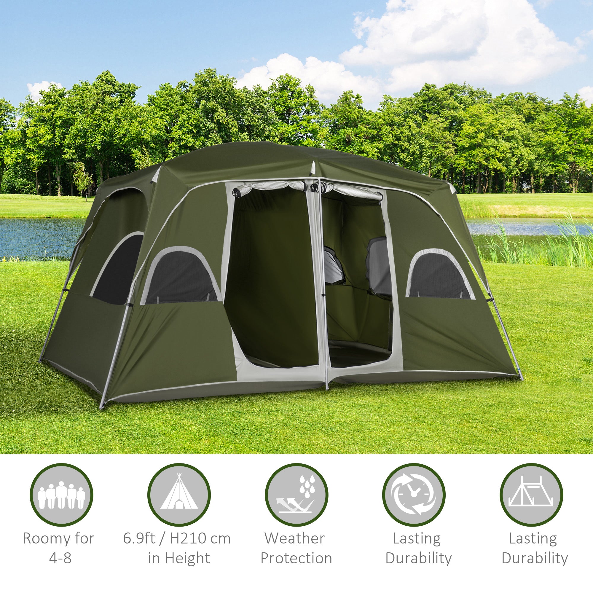Kozy Camping Tent, Family Tent 4-8 Person 2 Room, with Large Mesh Windows, Easy Set Up for Backpacking Hiking Outdoor, Green