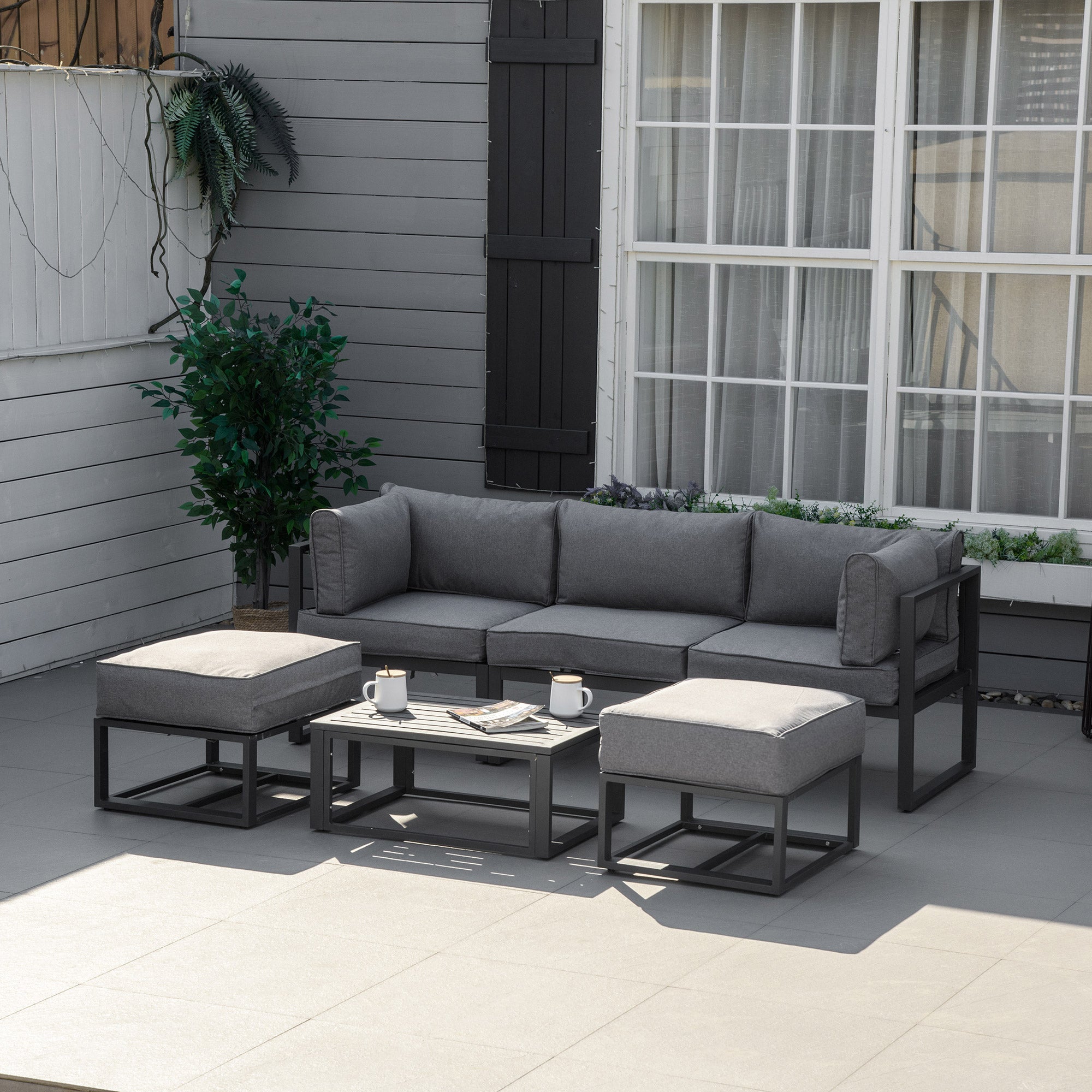 Kozy Garden Daybed, 6 Piece Outdoor Sectional Sofa Set, Aluminum Patio Conversation Furniture Set with Coffee Table, Footstool and Cushions, Grey