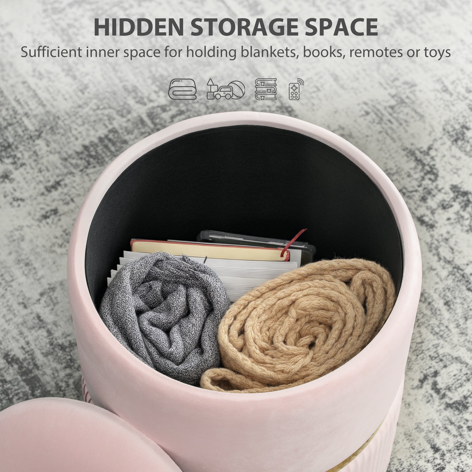 Kozy Velvet-Feel Storage Ottoman - Pink