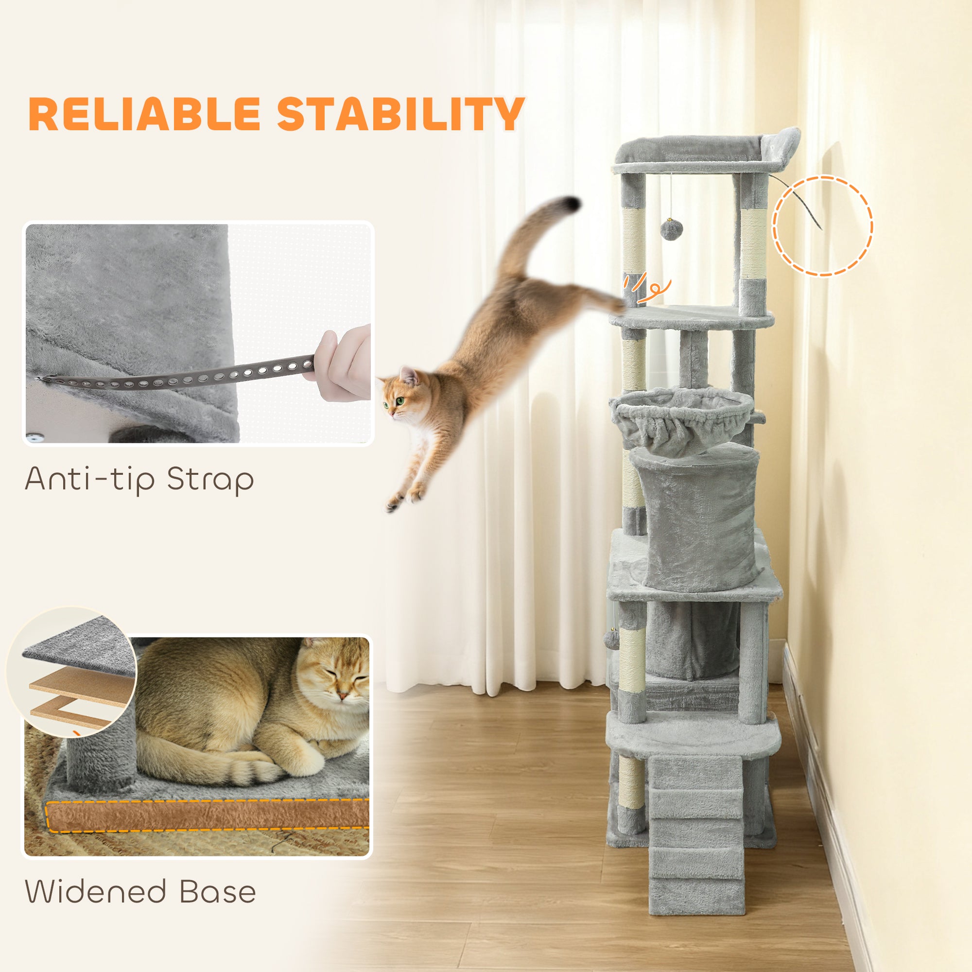 Kozy 170 cm Large Cat Tree, Cat Tower with 7 Scratching Posts, Tunnel, 2 Condos, Hammock, Perch, Ramp, Pompoms, Light Grey
