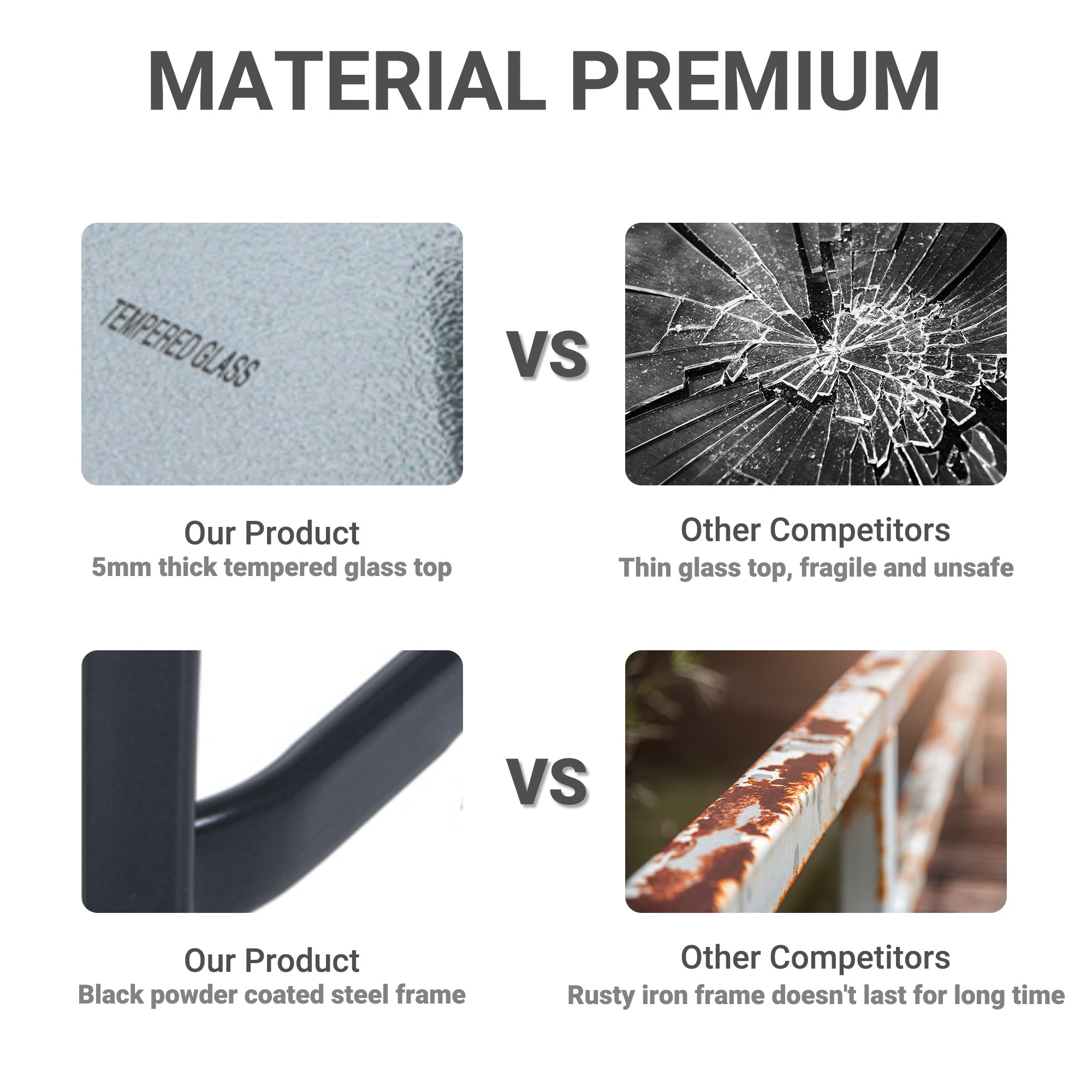 Kozy Square Garden Table, Outdoor Coffee Table with Tempered Glass Top, Bar Bistro Dining Table, Metal Frame for Patio, Balcony, 68.5 x 68.5 x 84cm