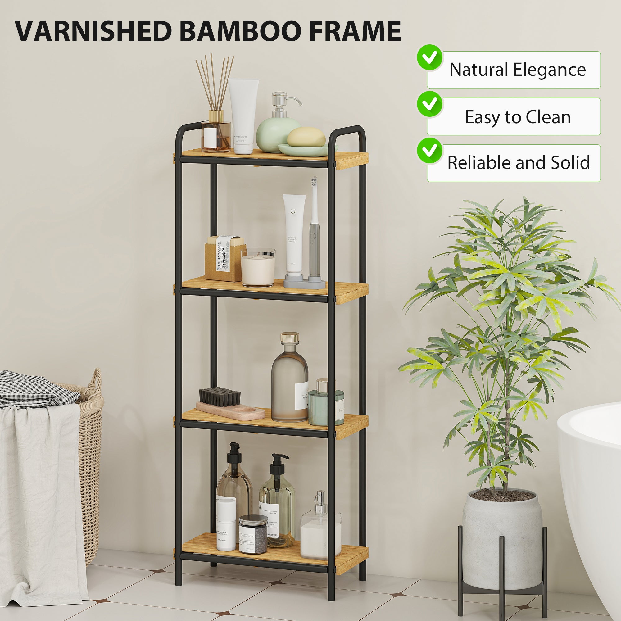 Kozy - 4-Tier Bamboo Bathroom Storage Shelf, Freestanding Narrow Shelving Unit with Slatted Shelves for Kitchen Bathroom Living Room, 41.5 x 21.5 x 106 cm, Natural and Black