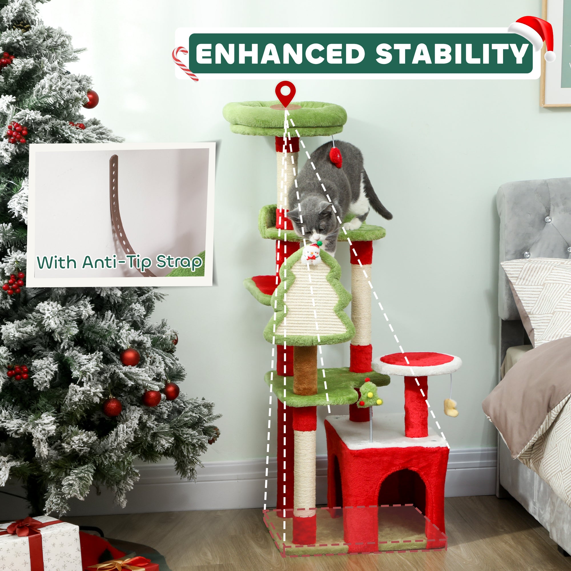 Kozy Cat Tree, 120cm Christmas Cat Tower with 3 Scratching Posts, Scratching Board, 2 Perches, Platforms, Toys, Green