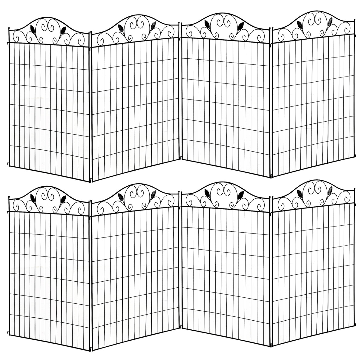 Kozy - Set of 2 Decorative Garden Fence, 8 Panels Metal Picket Fence, Versatile Shapes for Patio Lawn, 365cm x 112cm, Black