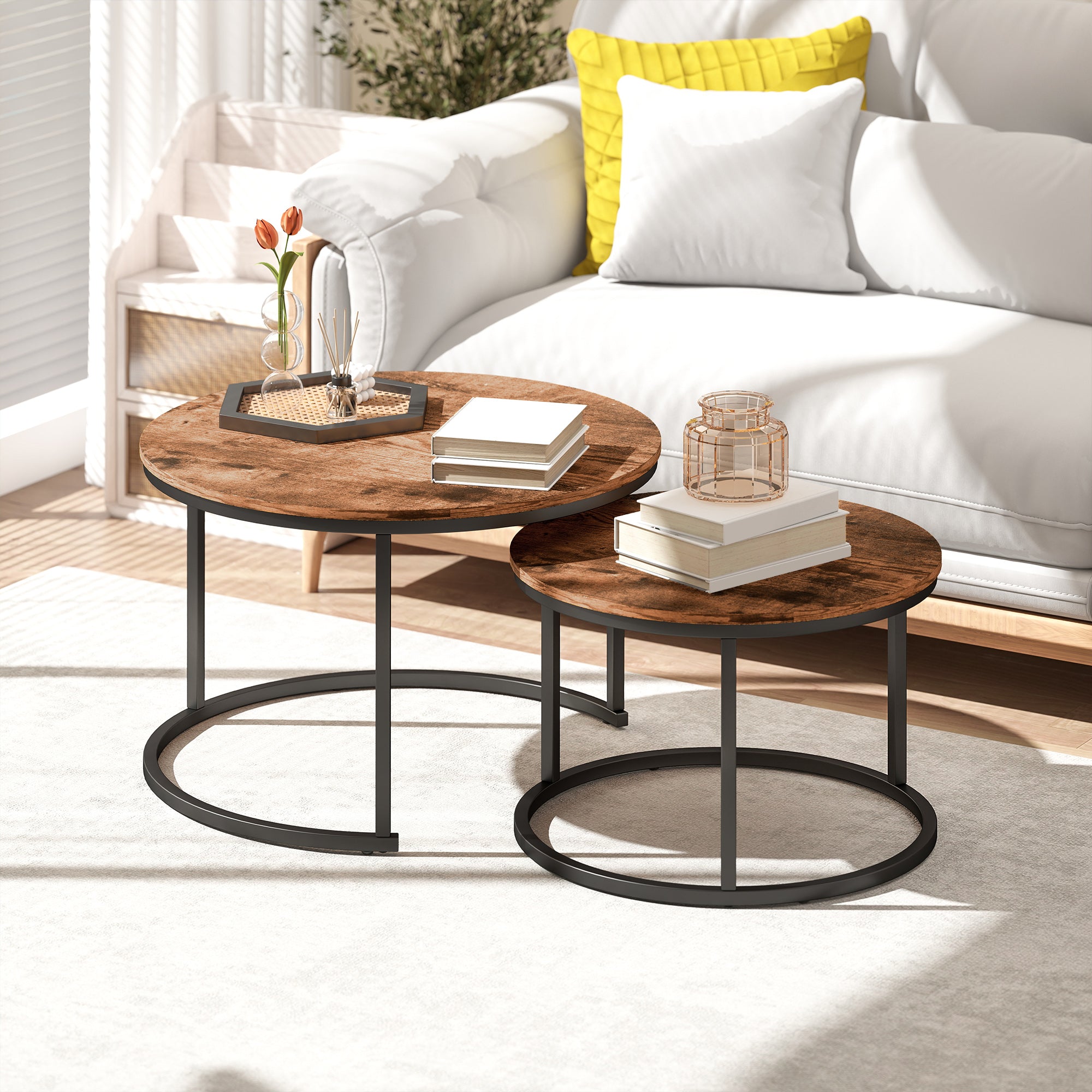 Kozy Coffee Table Set of 2, Round Nest of Tables with Metal Frame, Modern Side Tables for Living Room, Rustic Brown