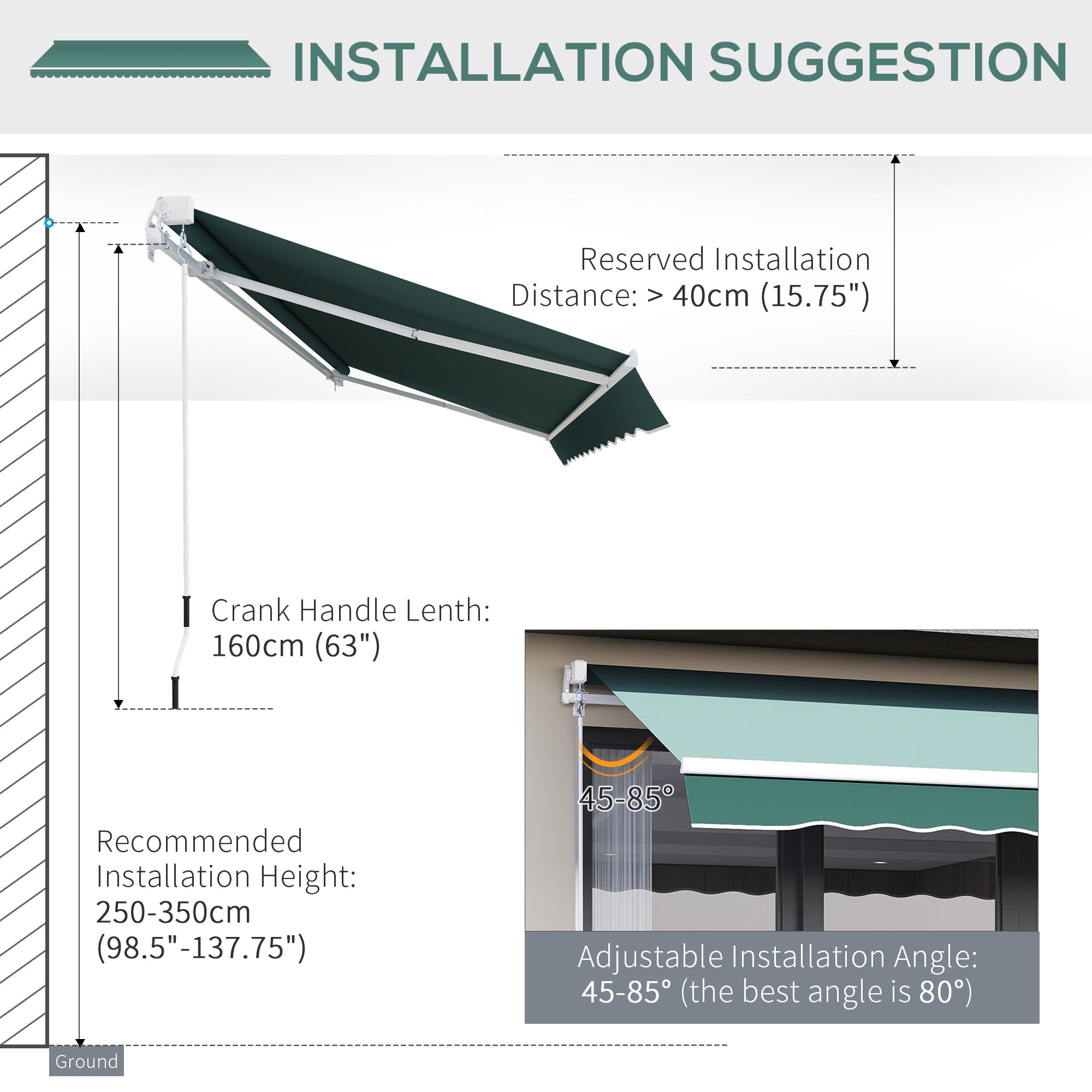 Outsunny Manual Retractable Garden Patio Awning, Sun Shade Shelter with Winding Handle, 2.5m x 2m, Green