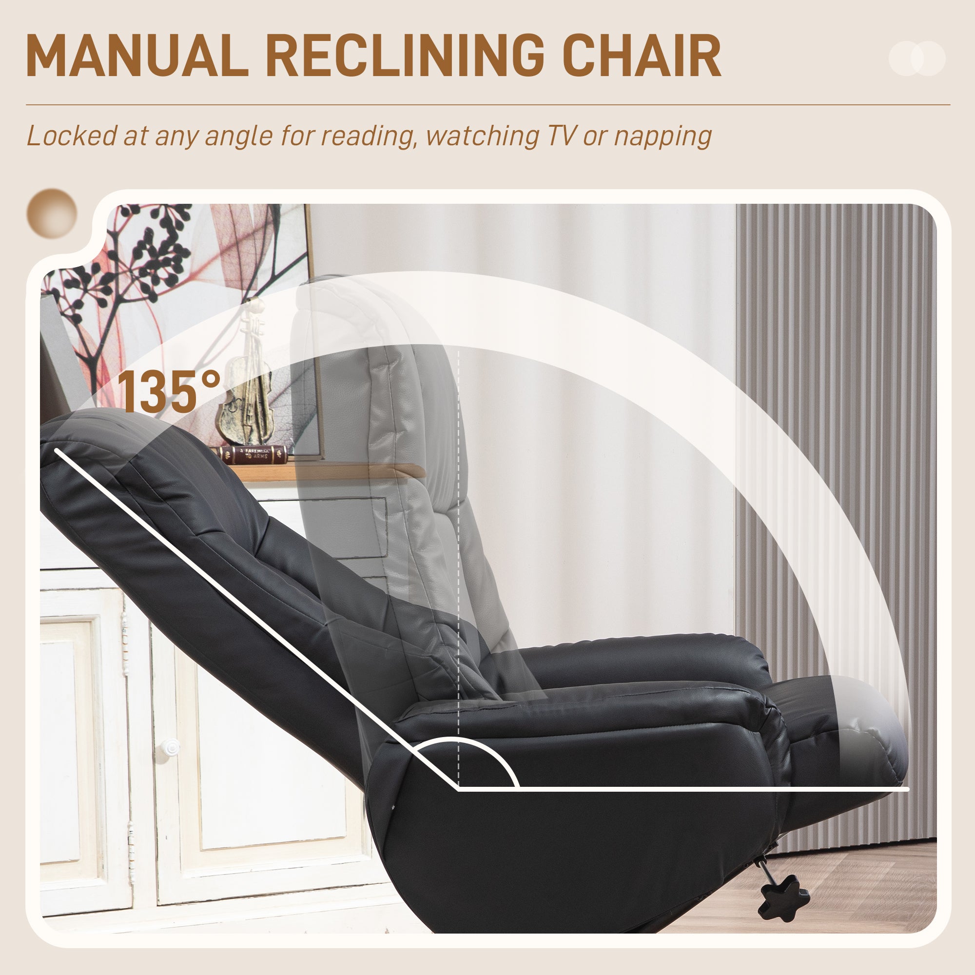 Kozy - Rocking Recliner Chair with Footstool, PU Leather Recliner Armchair with Wood Base, Upholstered Reclining Chair for Living Room Bedroom, Black