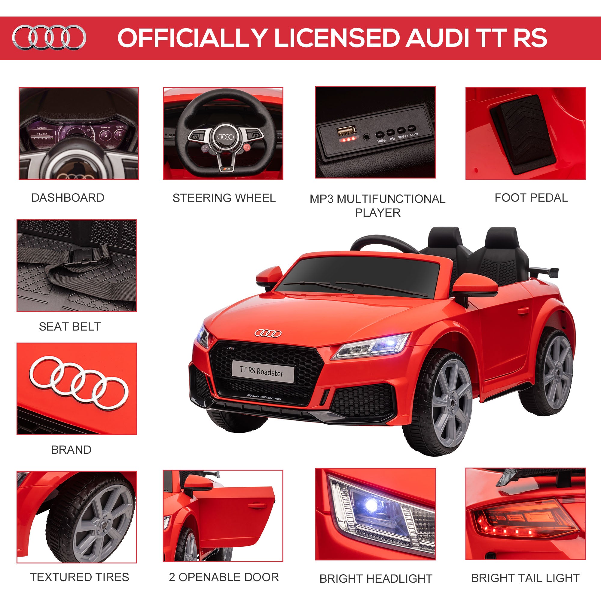 Kozy Kids Licensed Audi TT Ride-On Car 12V Battery w/ Remote Suspension Headlights and MP3 Player 3km/h Red