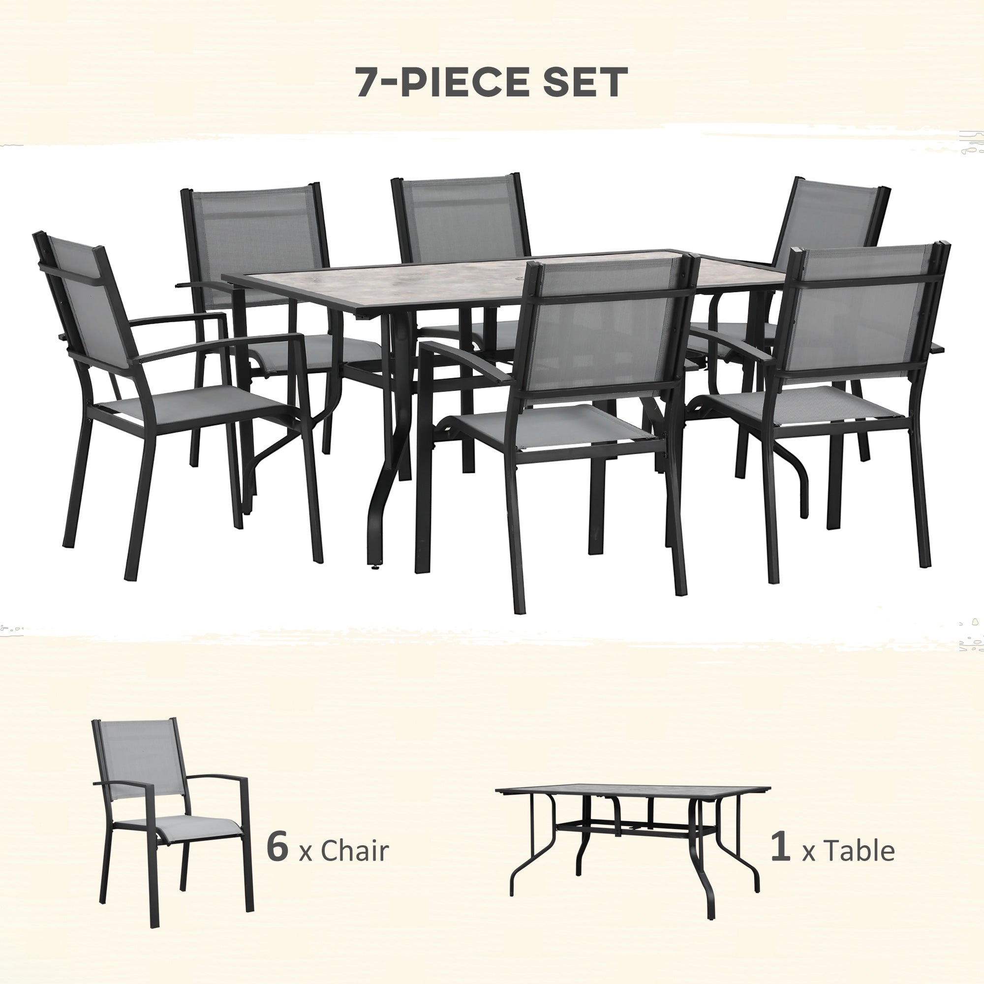Kozy 7 Pieces Garden Dining Set, 6 Seater Garden Table and Chairs with Parasol Hole, Outdoor Furniture Armchairs and Stone-like Plastic Top Table with Breathable Mesh Fabric Seat, Grey