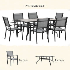 Kozy 7 Pieces Garden Dining Set, 6 Seater Garden Table and Chairs with Parasol Hole, Outdoor Furniture Armchairs and Stone-like Plastic Top Table with Breathable Mesh Fabric Seat, Grey
