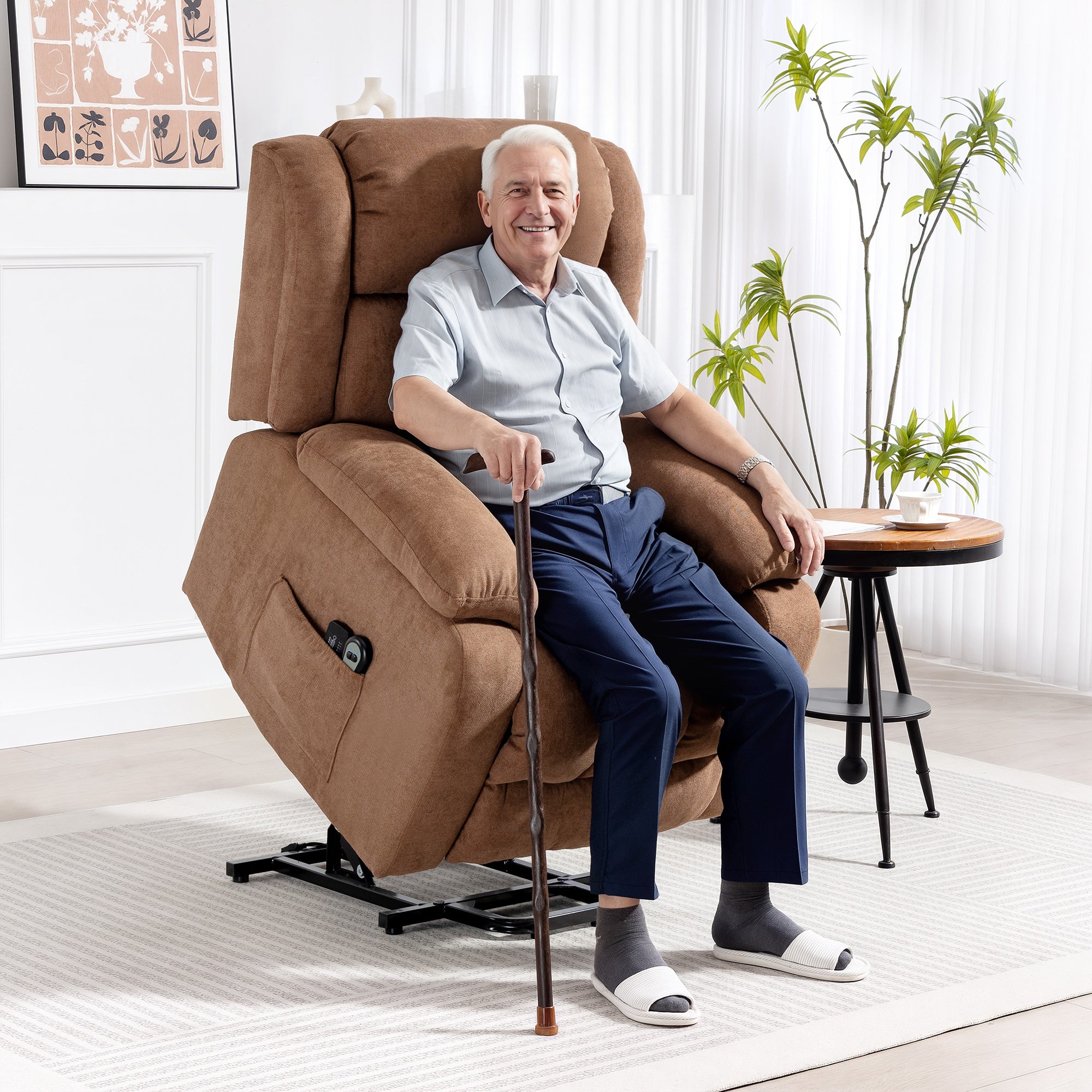 Kozy Power Lift Recliner Chair with Massage, Overstuffed Lift Chair for Elderly with Footrest, Remote and Side Pocket, Brown