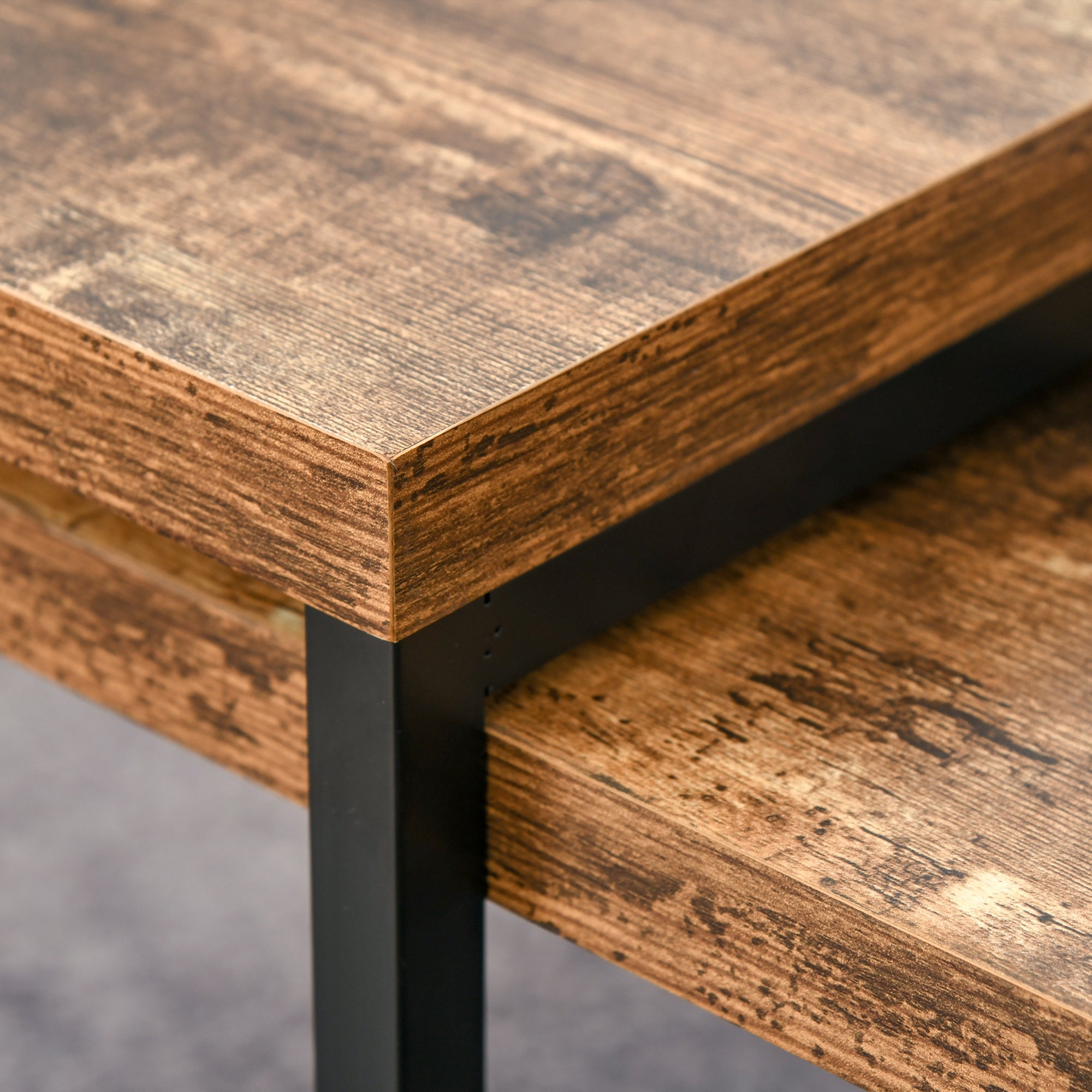 Kozy Nesting Coffee Table Set of 2, Industrial Stacking Side End Tables with Metal Frame for Living Room, Bedroom, Rustic Brown