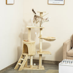 PawHut Deluxe Cat Tree House, 131cm Tall, with Scratching Posts and Cosy Perches, Sturdy Beige