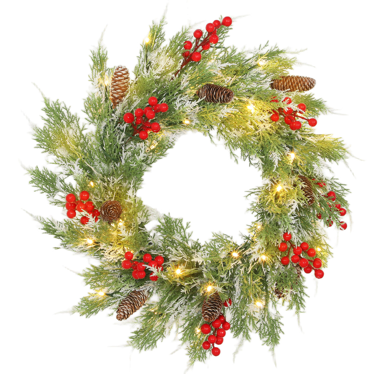 Kozy - 60 cm Prelit Christmas Wreath, Door Wreath with Realistic Branches, 30 Warm White LEDs, Timer, Battery Operated