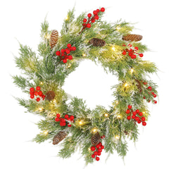 Kozy - 60 cm Prelit Christmas Wreath, Door Wreath with Realistic Branches, 30 Warm White LEDs, Timer, Battery Operated