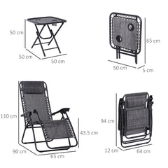 Kozy 3pcs Folding Zero Gravity Chairs Sun Lounger Table Set w/ Cup Holders Reclining Garden Yard Pool, Light Grey