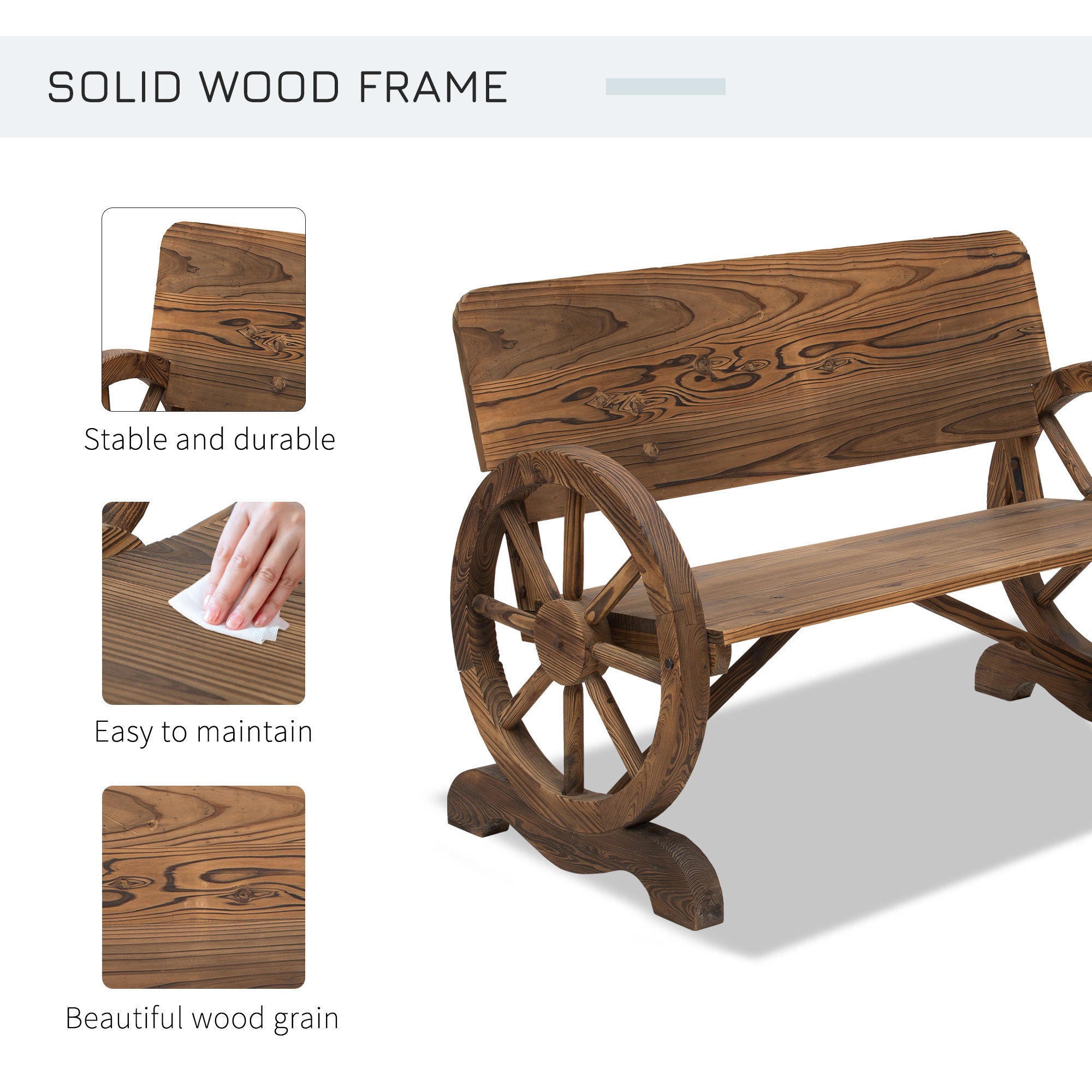 Outsunny Wooden Cart Wagon Wheel 2 Seater Garden Bench Outdoor Chair Rustic High Back Loveseat Burnt Stained