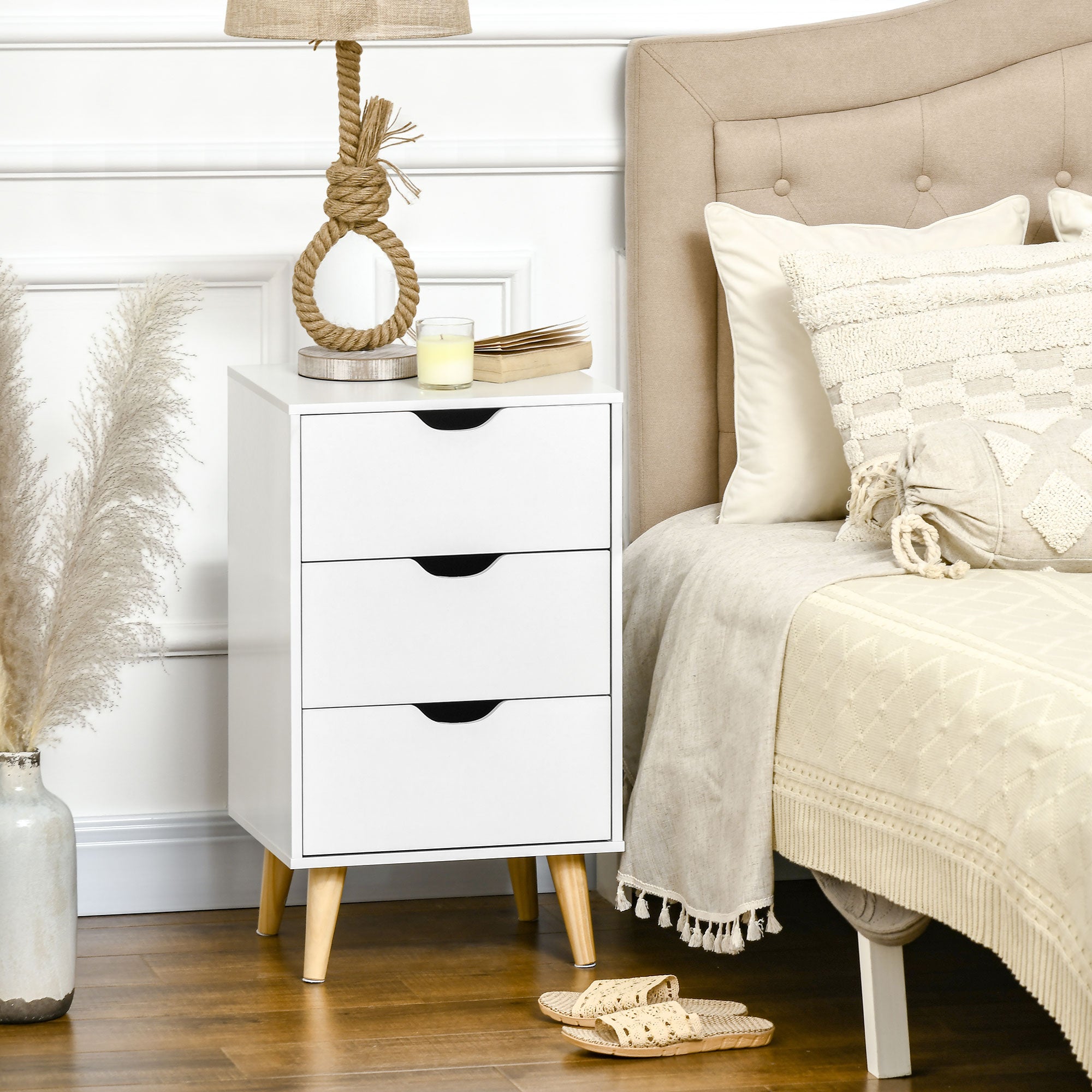 Kozy Bedside Table, Bedside Cabinet with 3 Drawers, Side End Table with Pine Wood Legs for Bedroom Living Room, White