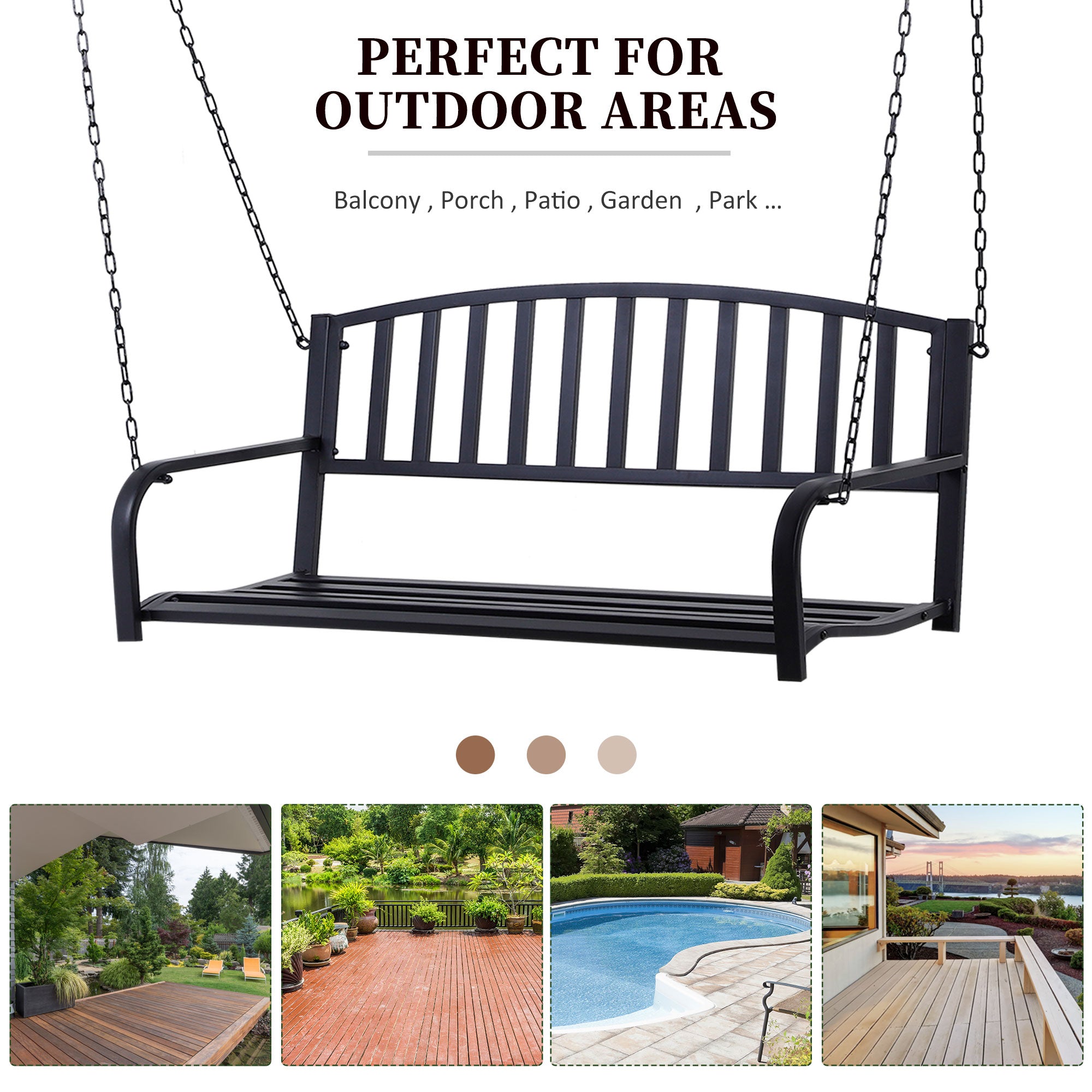 Outsunny Garden Swing Chair Patio Metal 2 Seater Swing Bench Porch Balcony Bench Loveseat Minimalist Style