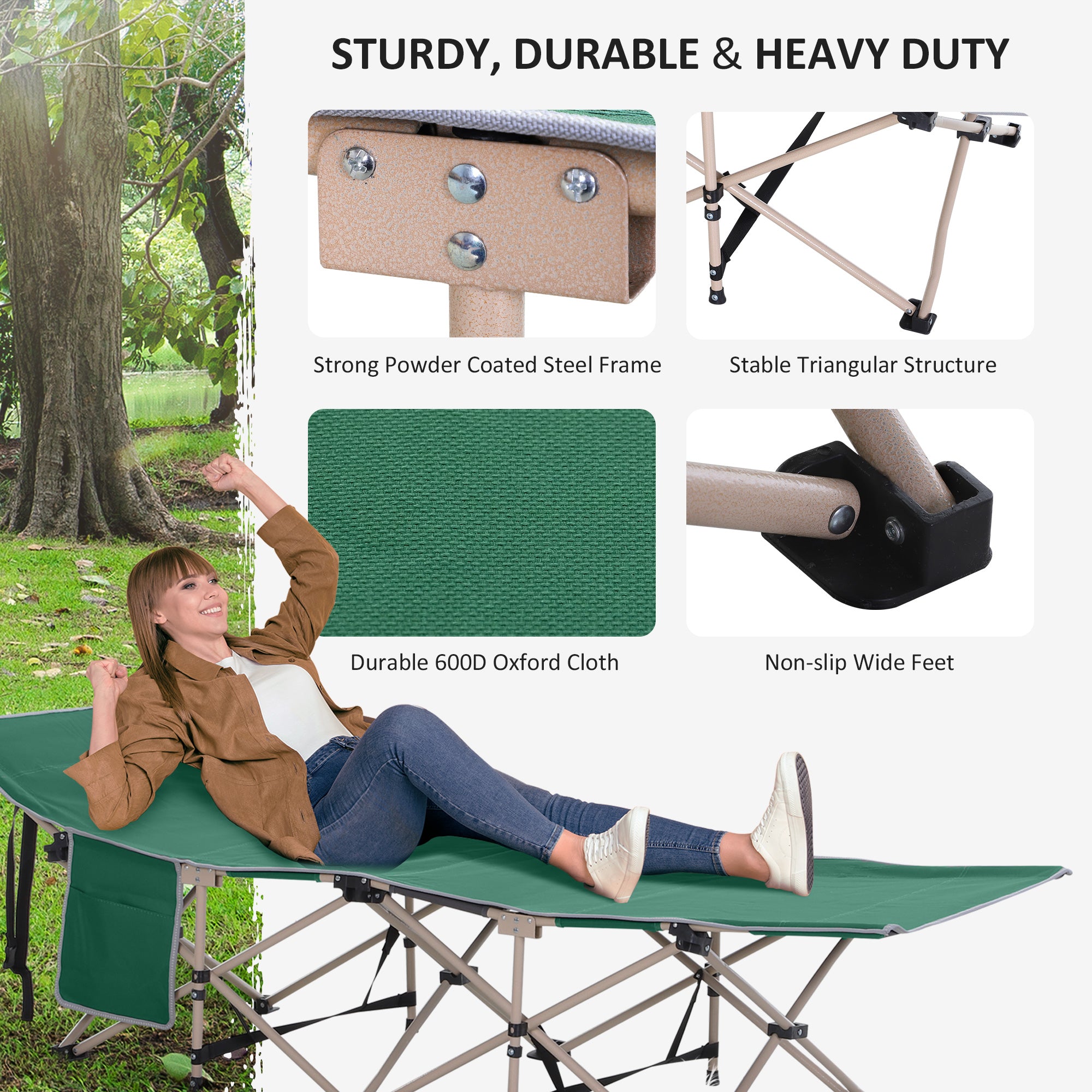 Outsunny Portable Folding Camping Cot, Single Person Outdoor Military Sleeping Bed with Carry Bag for Travel, Leisure, Fishing, Green