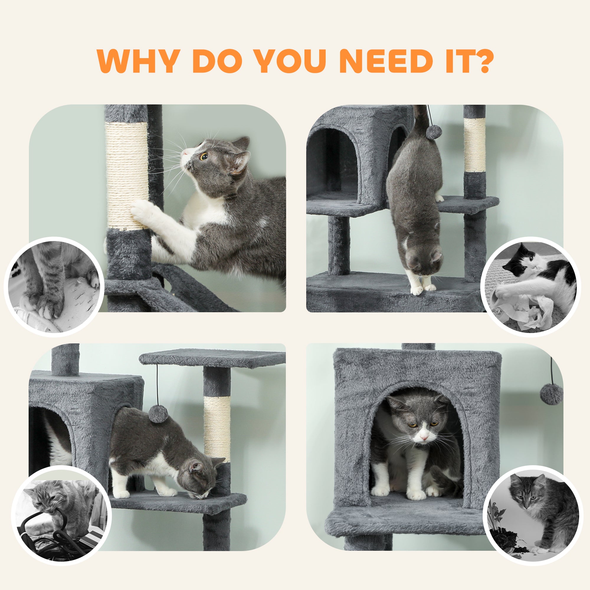 Kozy - 202cm Large Cat Tree with 6 Scratching Posts, 2 Hammocks, 2 Condos, 2 Perches, Pompoms, for Indoor Cats to Rest and Play