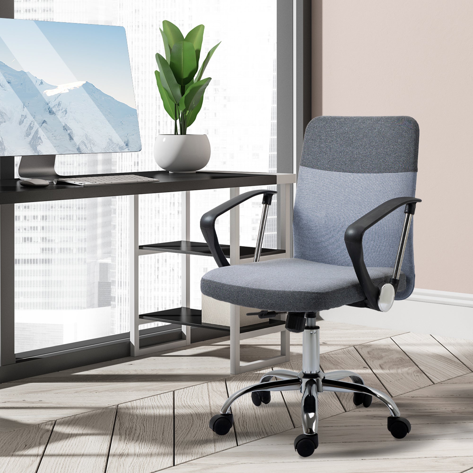 Kozy Office Chair Linen Fabric Swivel Computer Desk Chair Home Study Adjustable Chair with Wheels, Grey
