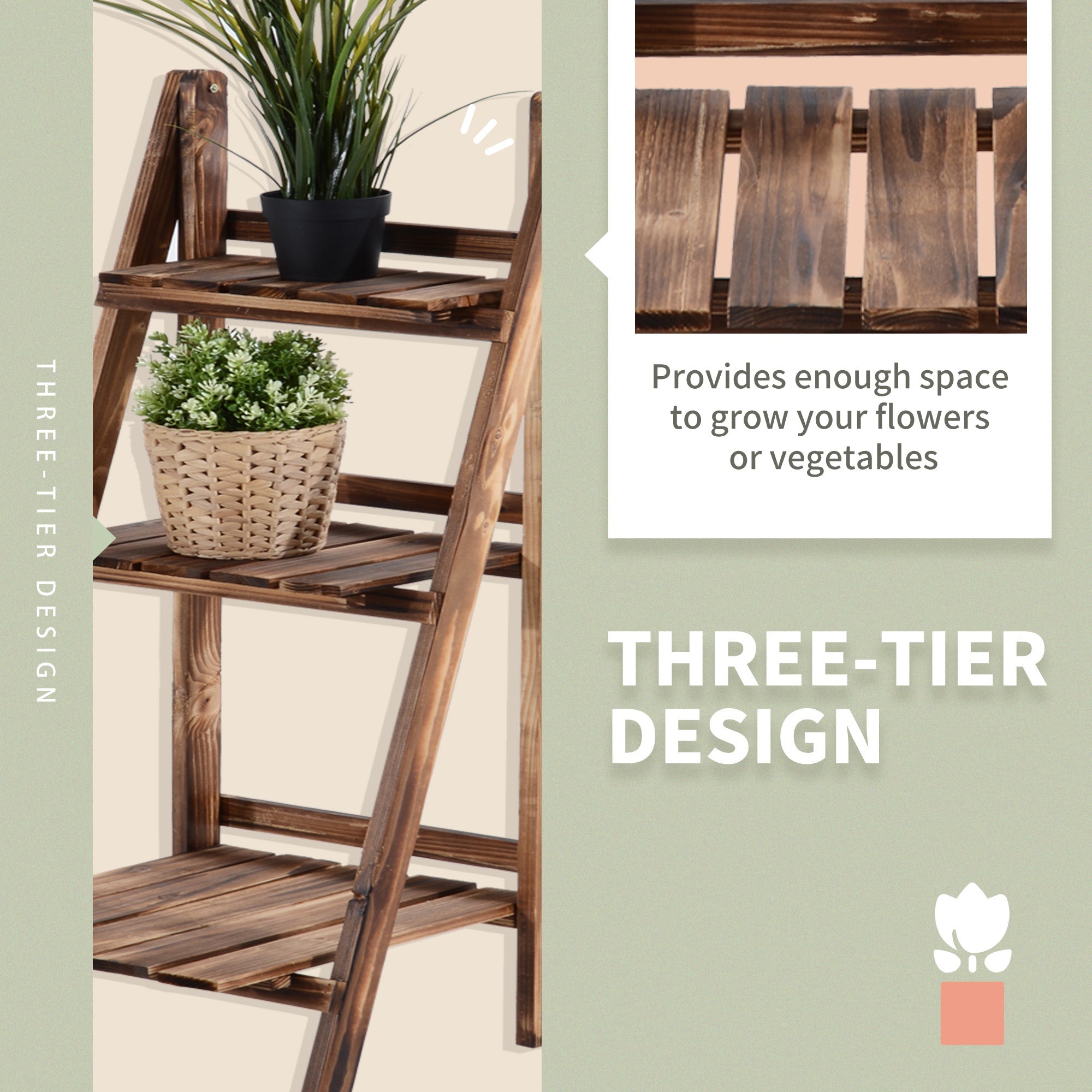 Outsunny Wooden 3 Tier Folding Flower Pot Stand, Garden Planter Display Ladder, Herb Rack, Natural | Aosom UK